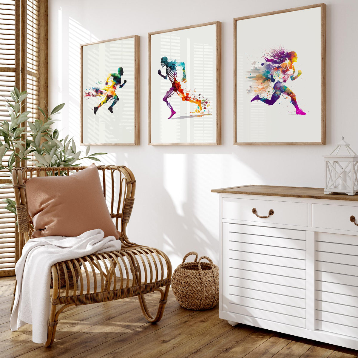 Sprinting Runners Set of Three Art Prints - Rainbow Watercolour Athletes and Skeleton - Running Poster Painting