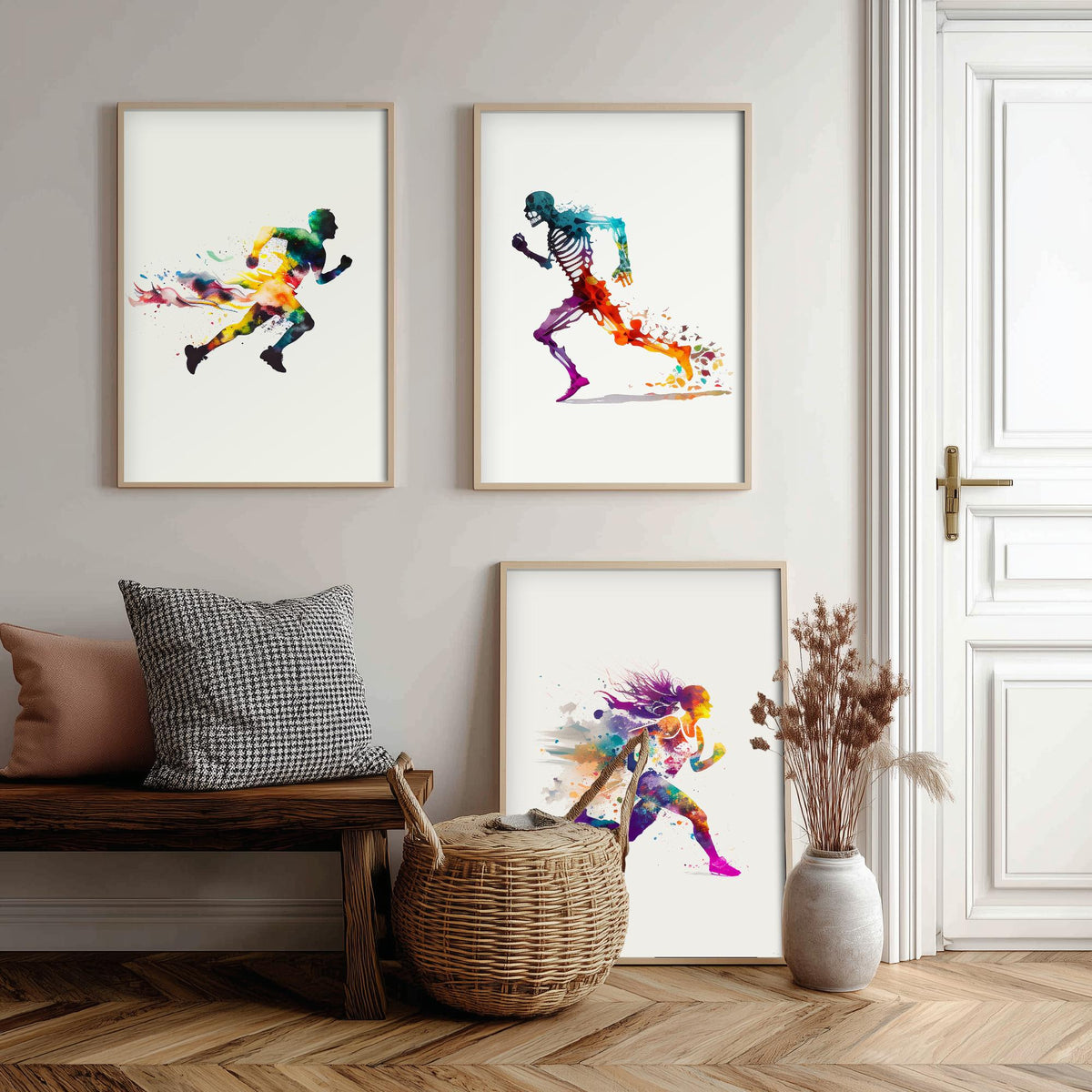 Sprinting Runners Set of Three Art Prints - Rainbow Watercolour Athletes and Skeleton - Running Poster Painting