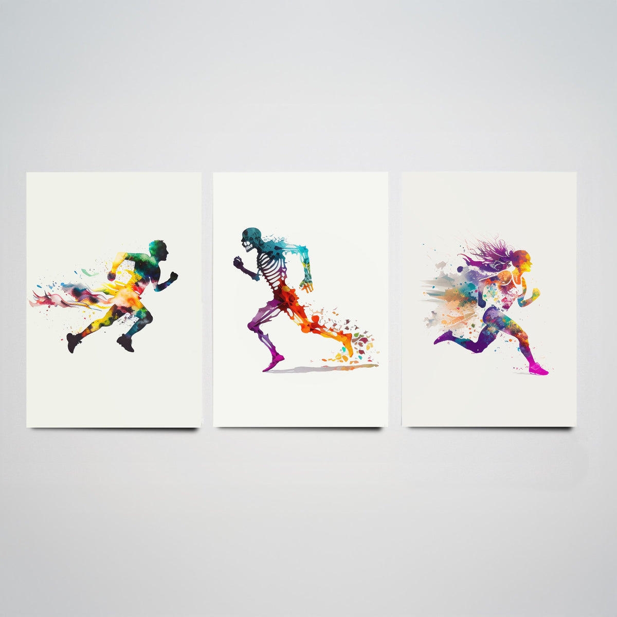 Sprinting Runners Set of Three Art Prints - Rainbow Watercolour Athletes and Skeleton - Running Poster Painting