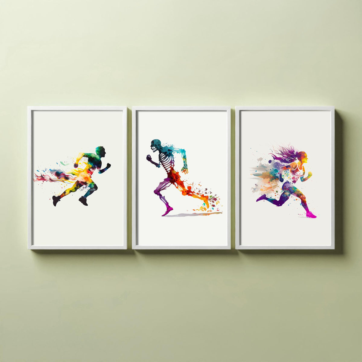 Sprinting Runners Set of Three Art Prints - Rainbow Watercolour Athletes and Skeleton - Running Poster Painting