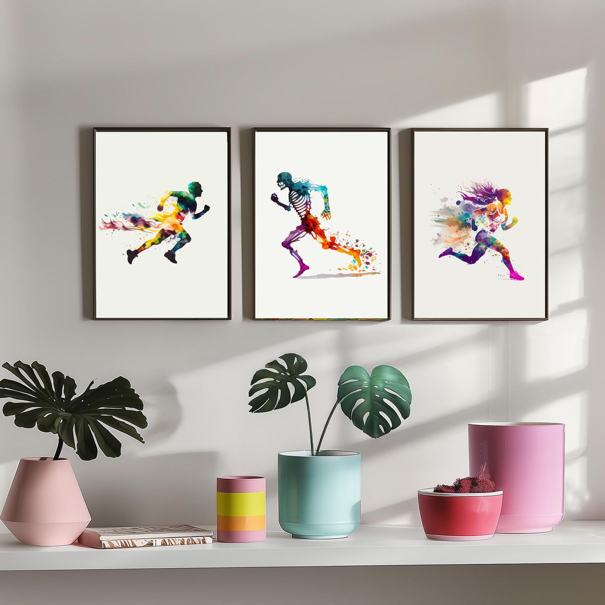 Sprinting Runners Set of Three Art Prints - Rainbow Watercolour Athletes and Skeleton - Running Poster Painting