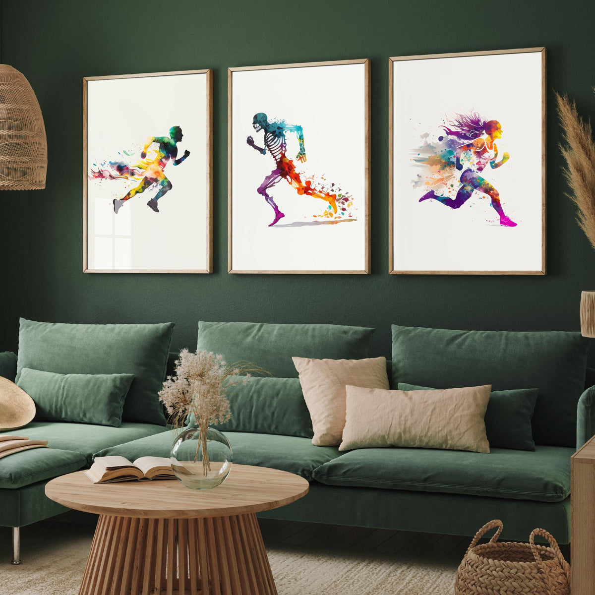 Sprinting Runners Set of Three Art Prints - Rainbow Watercolour Athletes and Skeleton - Running Poster Painting
