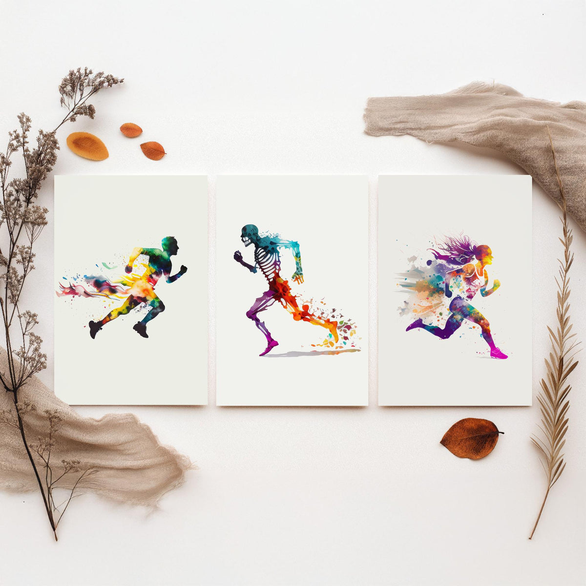 Sprinting Runners Set of Three Art Prints - Rainbow Watercolour Athletes and Skeleton - Running Poster Painting
