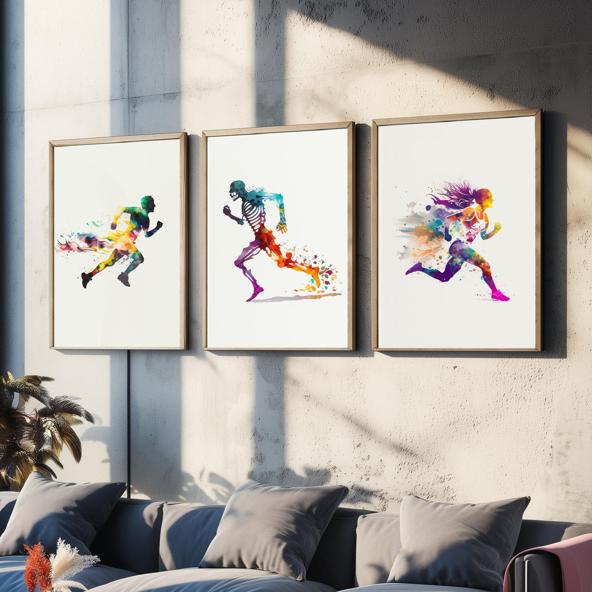 Sprinting Runners Set of Three Art Prints - Rainbow Watercolour Athletes and Skeleton - Running Poster Painting