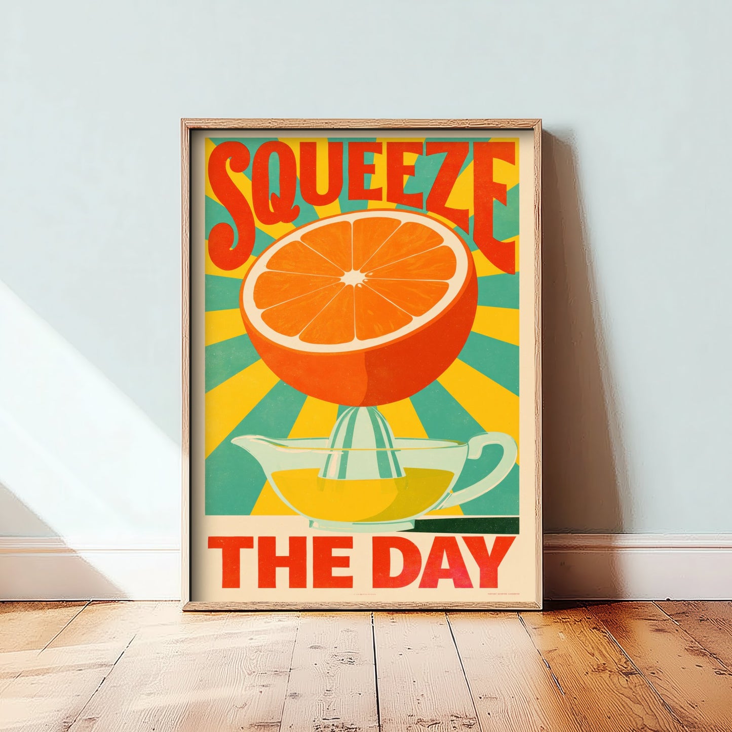 Squeeze the Day Art Print - Orange and Juicer Sunburst Poster - Motivational Retro Kitchen Illustration - Citrus Pun Breakfast Wall Decor