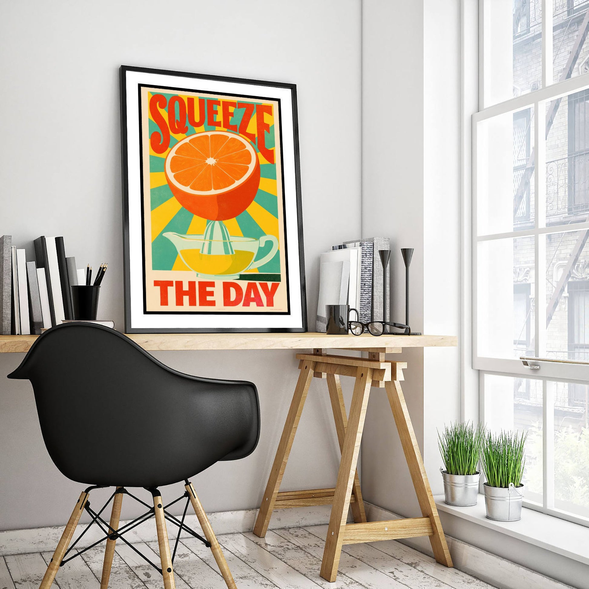 Squeeze the Day Art Print - Orange and Juicer Sunburst Poster - Motivational Retro Kitchen Illustration - Citrus Pun Breakfast Wall Decor