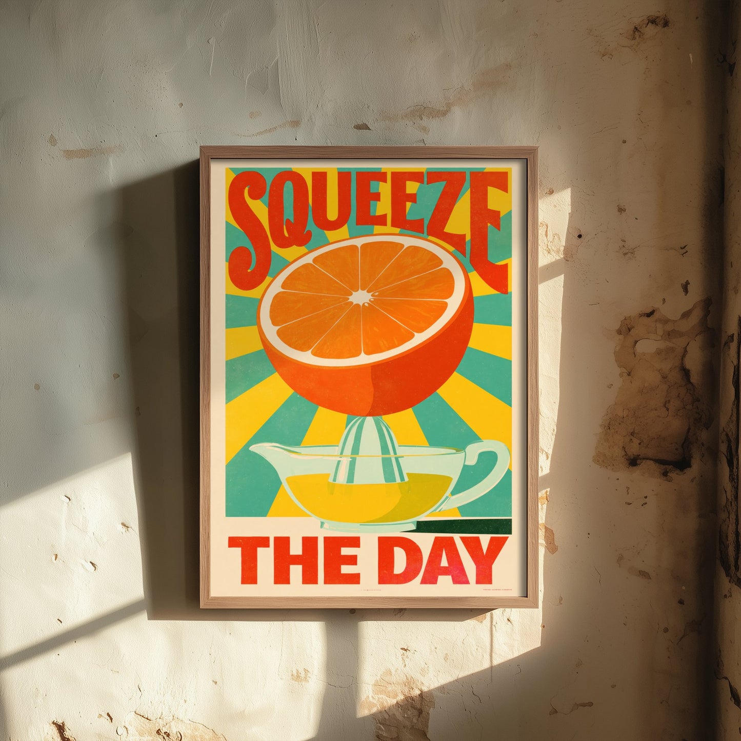 Squeeze the Day Art Print - Orange and Juicer Sunburst Poster - Motivational Retro Kitchen Illustration - Citrus Pun Breakfast Wall Decor