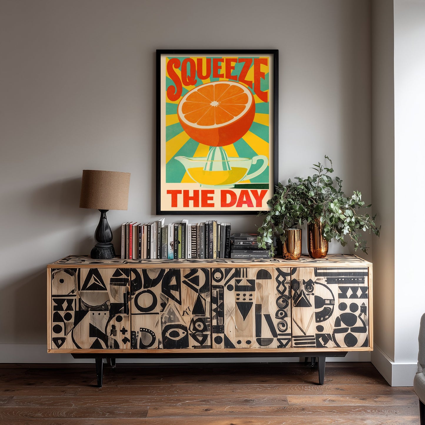 Squeeze the Day Art Print - Orange and Juicer Sunburst Poster - Motivational Retro Kitchen Illustration - Citrus Pun Breakfast Wall Decor