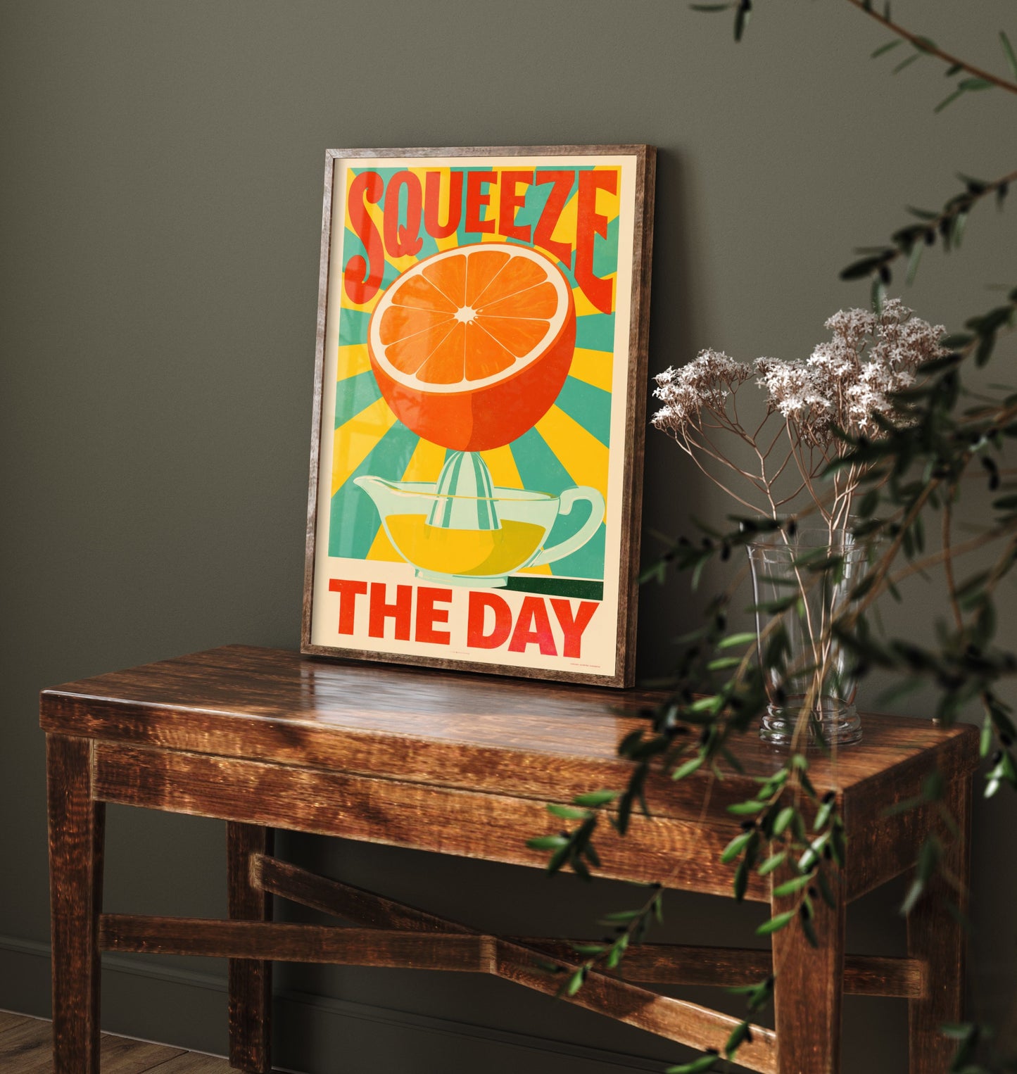 Squeeze the Day Art Print - Orange and Juicer Sunburst Poster - Motivational Retro Kitchen Illustration - Citrus Pun Breakfast Wall Decor