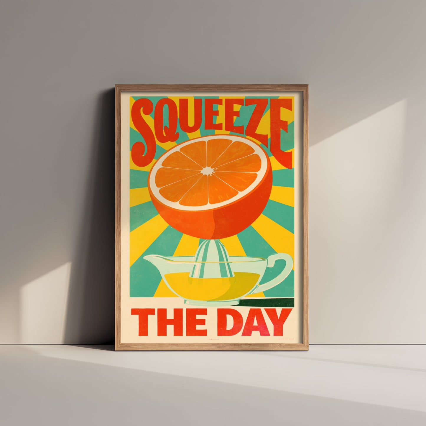 Squeeze the Day Art Print - Orange and Juicer Sunburst Poster - Motivational Retro Kitchen Illustration - Citrus Pun Breakfast Wall Decor