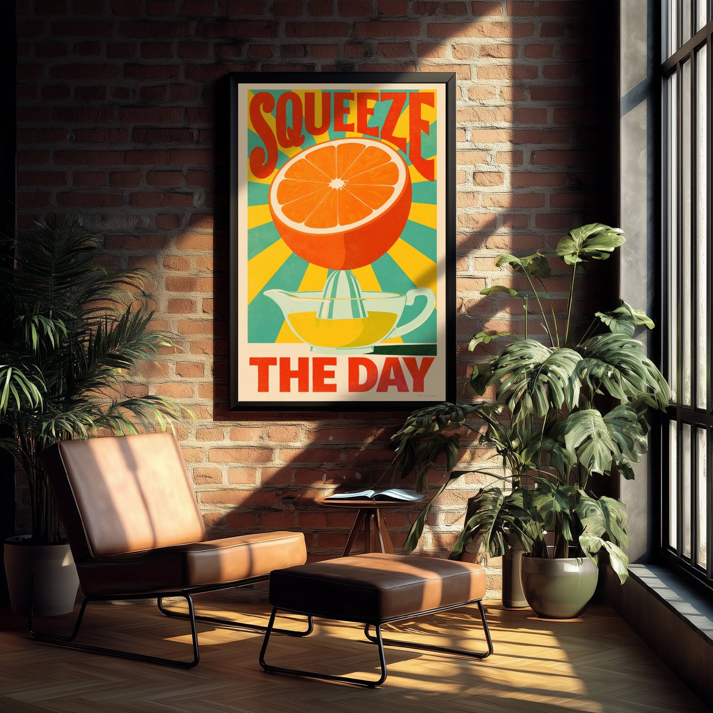 Squeeze the Day Art Print - Orange and Juicer Sunburst Poster - Motivational Retro Kitchen Illustration - Citrus Pun Breakfast Wall Decor