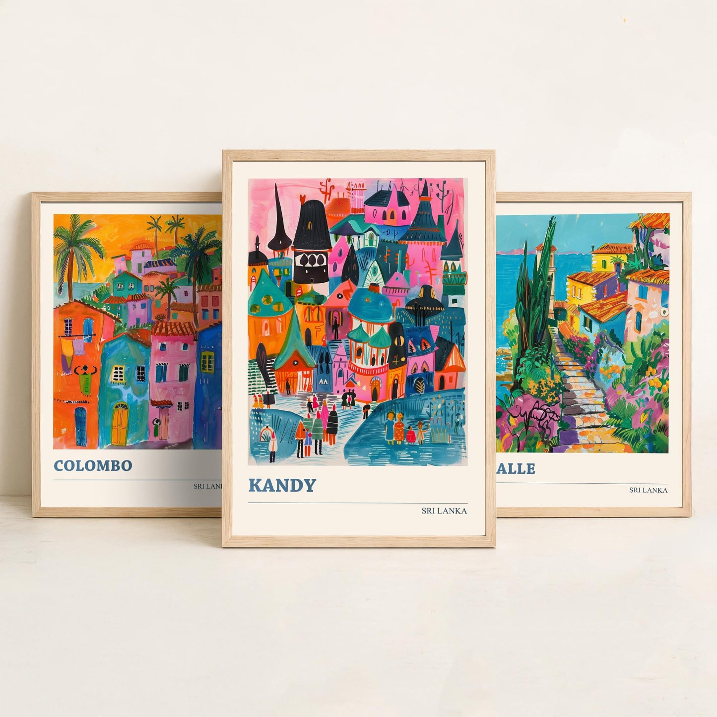 Sri Lanka Set of Three Art Prints - Colombo, Galle, Kandy Travel Posters - Colourful Painting Illustration Gift Map