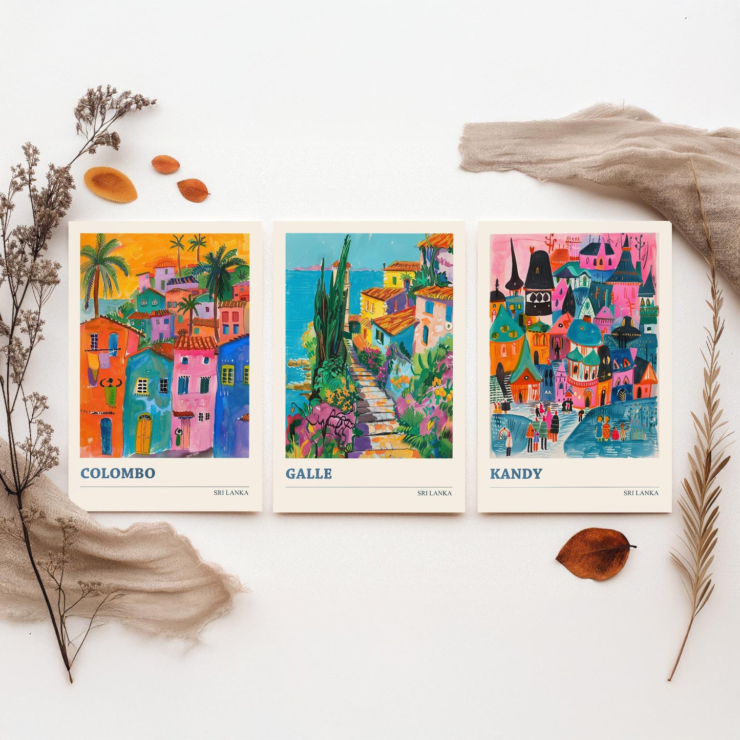 Sri Lanka Set of Three Art Prints - Colombo, Galle, Kandy Travel Posters - Colourful Painting Illustration Gift Map
