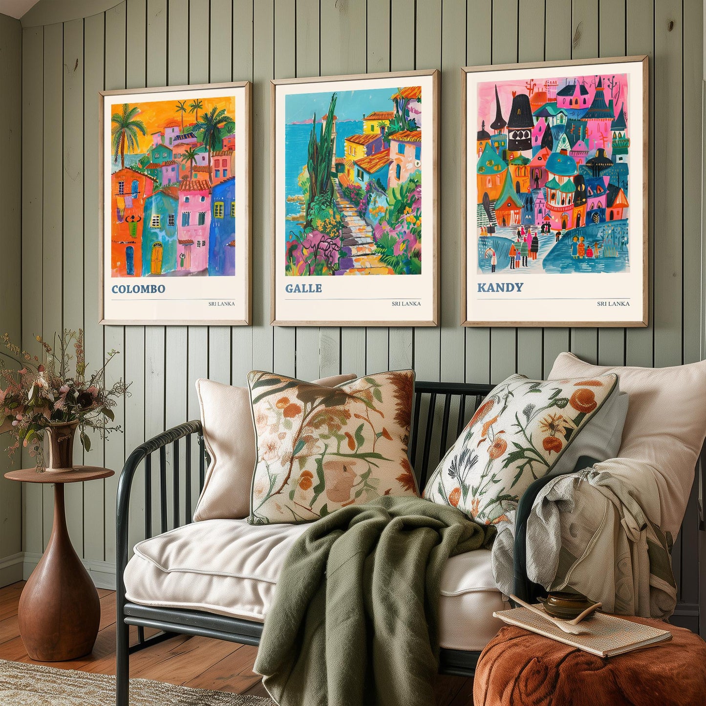 Sri Lanka Set of Three Art Prints - Colombo, Galle, Kandy Travel Posters - Colourful Painting Illustration Gift Map