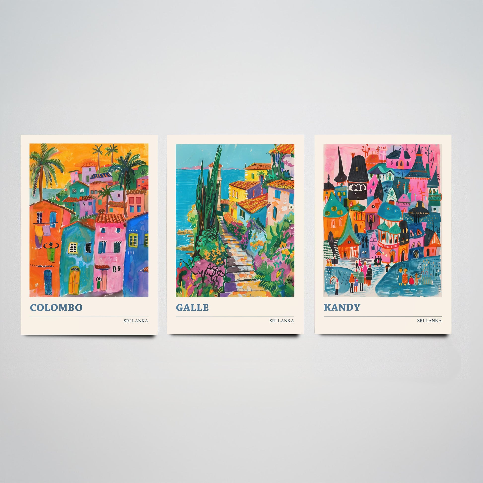 Sri Lanka Set of Three Art Prints - Colombo, Galle, Kandy Travel Posters - Colourful Painting Illustration Gift Map