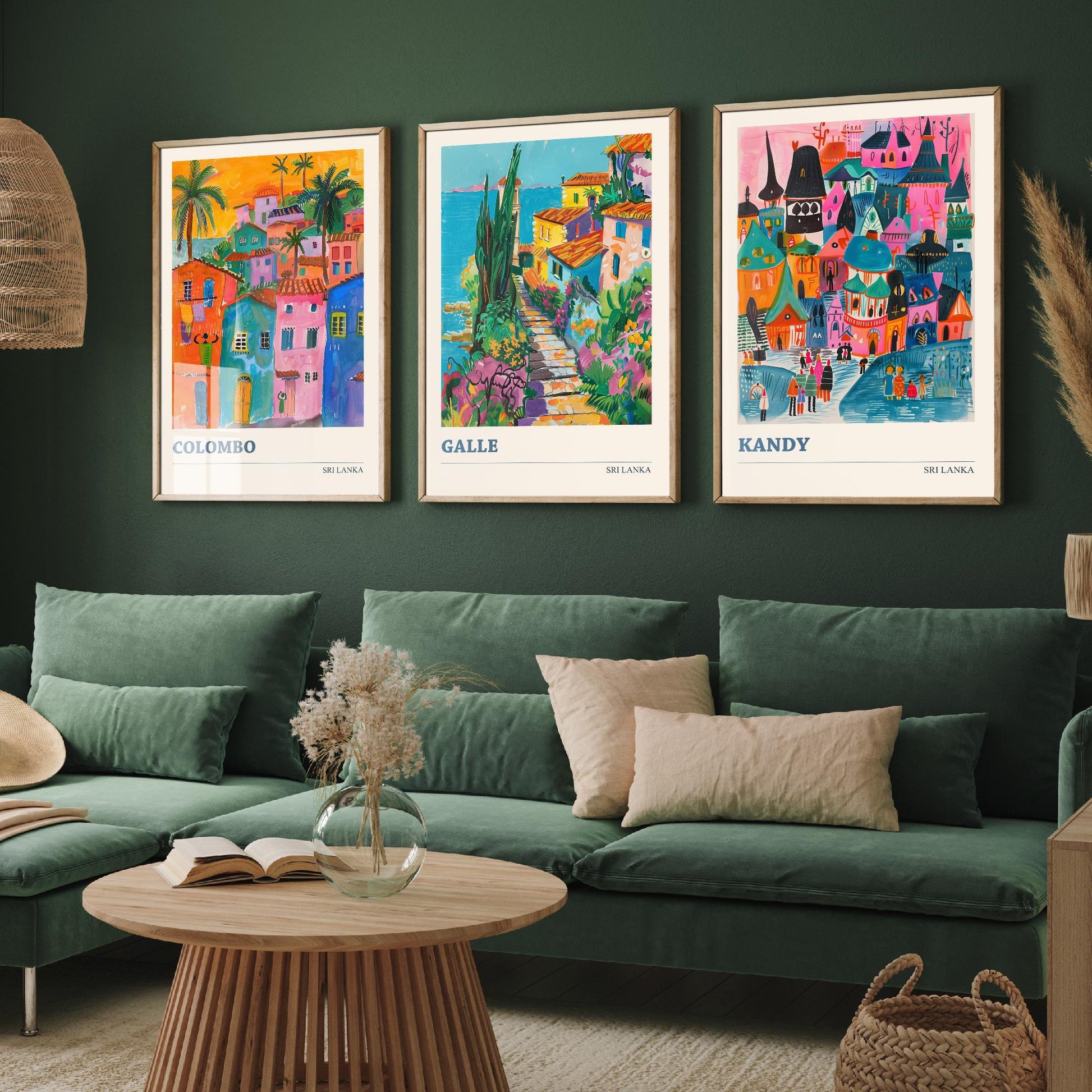 Sri Lanka Set of Three Art Prints - Colombo, Galle, Kandy Travel Posters - Colourful Painting Illustration Gift Map