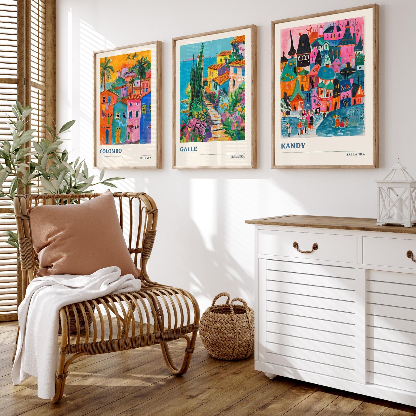 Sri Lanka Set of Three Art Prints - Colombo, Galle, Kandy Travel Posters - Colourful Painting Illustration Gift Map