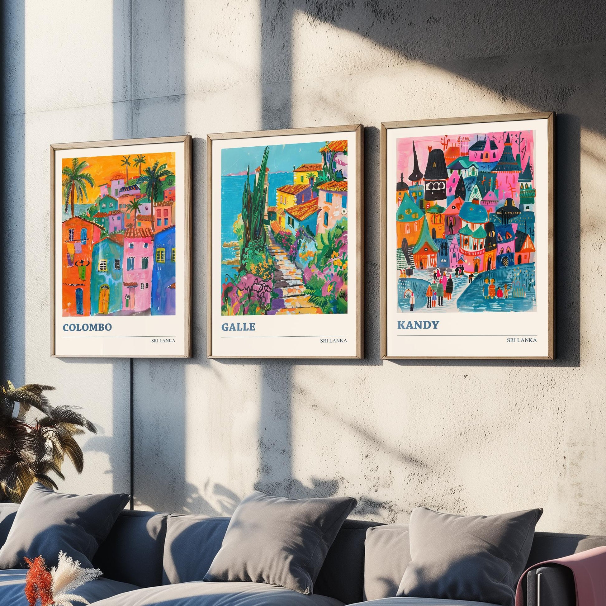 Sri Lanka Set of Three Art Prints - Colombo, Galle, Kandy Travel Posters - Colourful Painting Illustration Gift Map