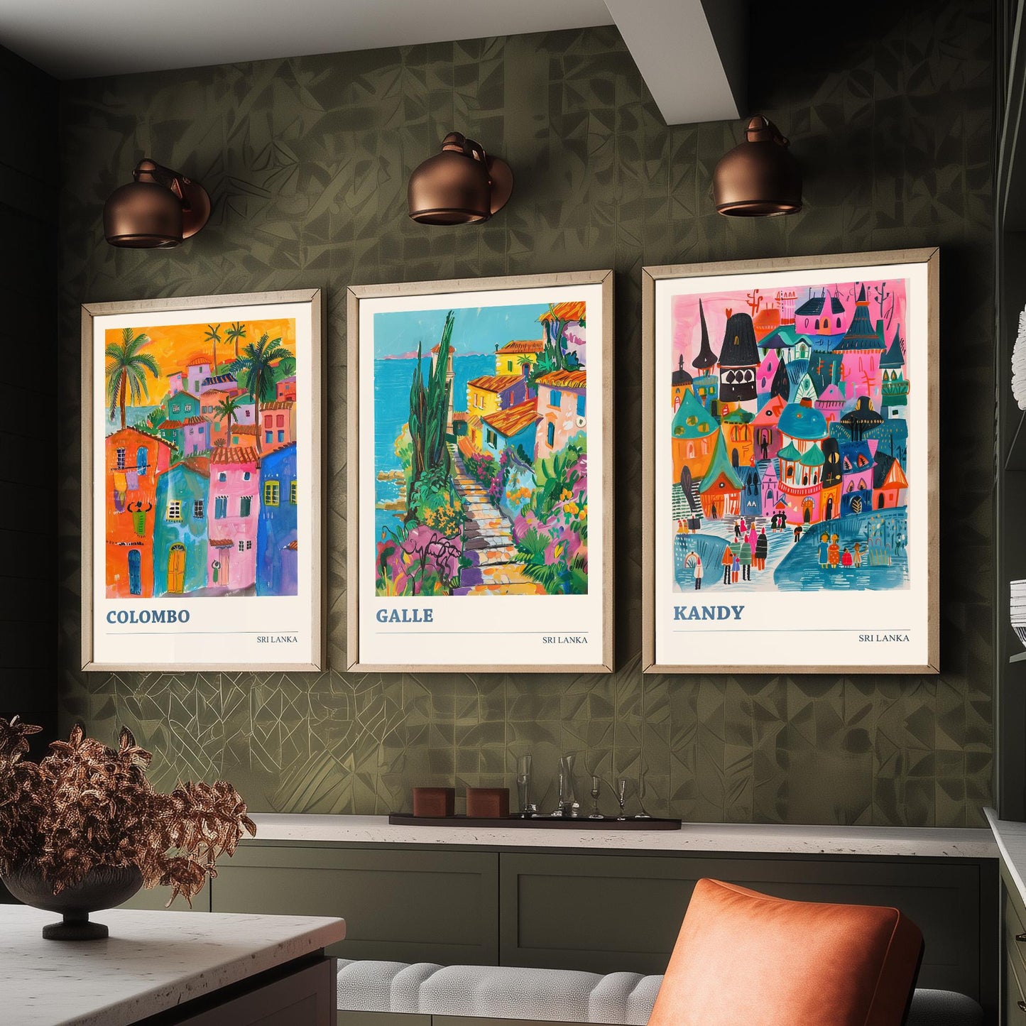 Sri Lanka Set of Three Art Prints - Colombo, Galle, Kandy Travel Posters - Colourful Painting Illustration Gift Map