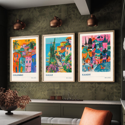 Sri Lanka Set of Three Art Prints - Colombo, Galle, Kandy Travel Posters - Colourful Painting Illustration Gift Map