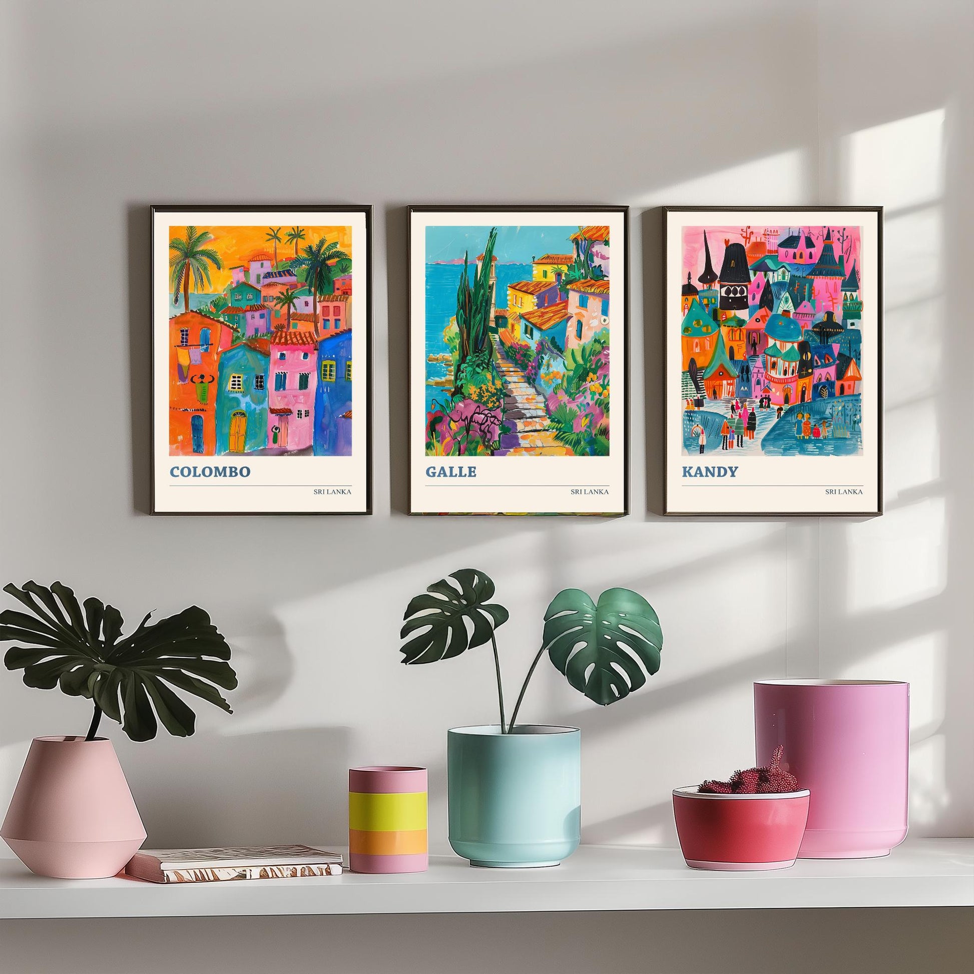 Sri Lanka Set of Three Art Prints - Colombo, Galle, Kandy Travel Posters - Colourful Painting Illustration Gift Map