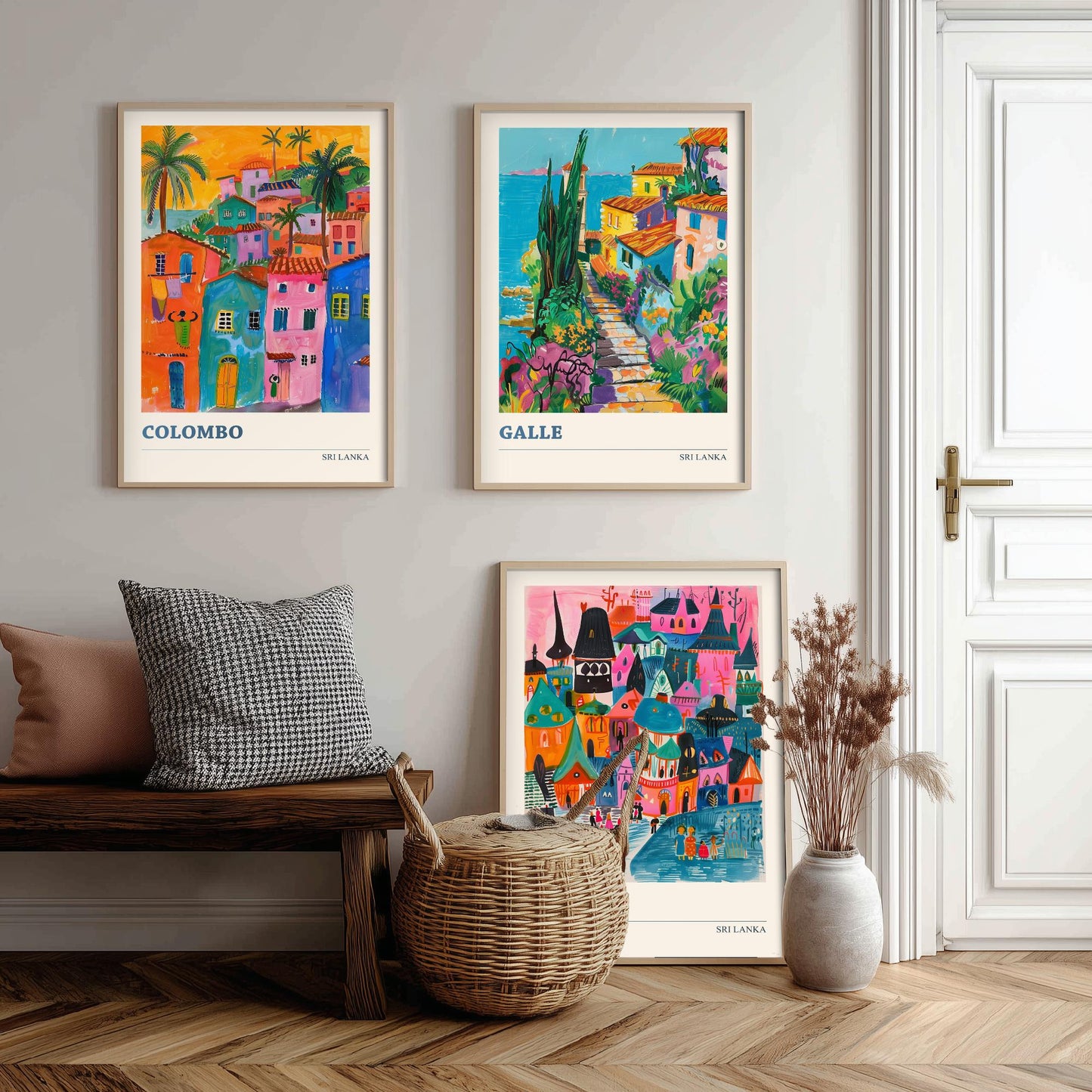 Sri Lanka Set of Three Art Prints - Colombo, Galle, Kandy Travel Posters - Colourful Painting Illustration Gift Map