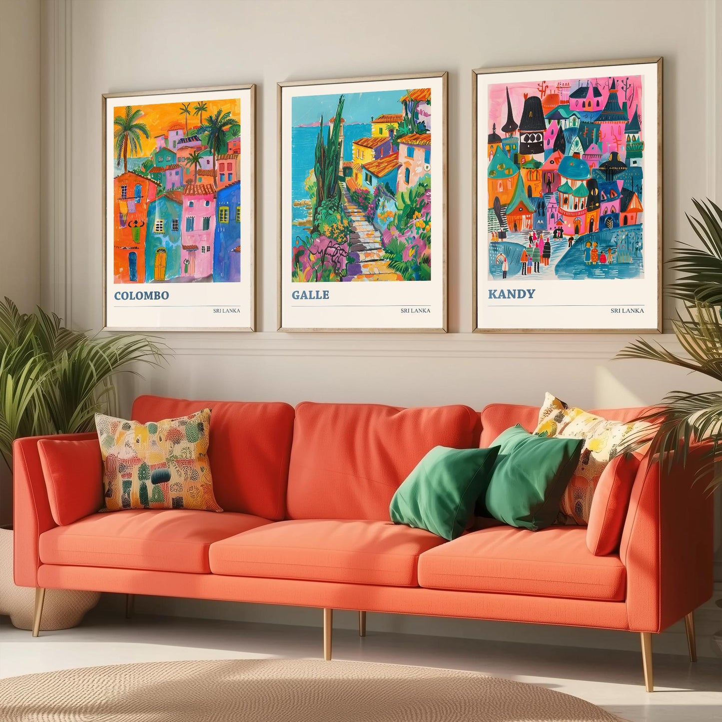 Sri Lanka Set of Three Art Prints - Colombo, Galle, Kandy Travel Posters - Colourful Painting Illustration Gift Map