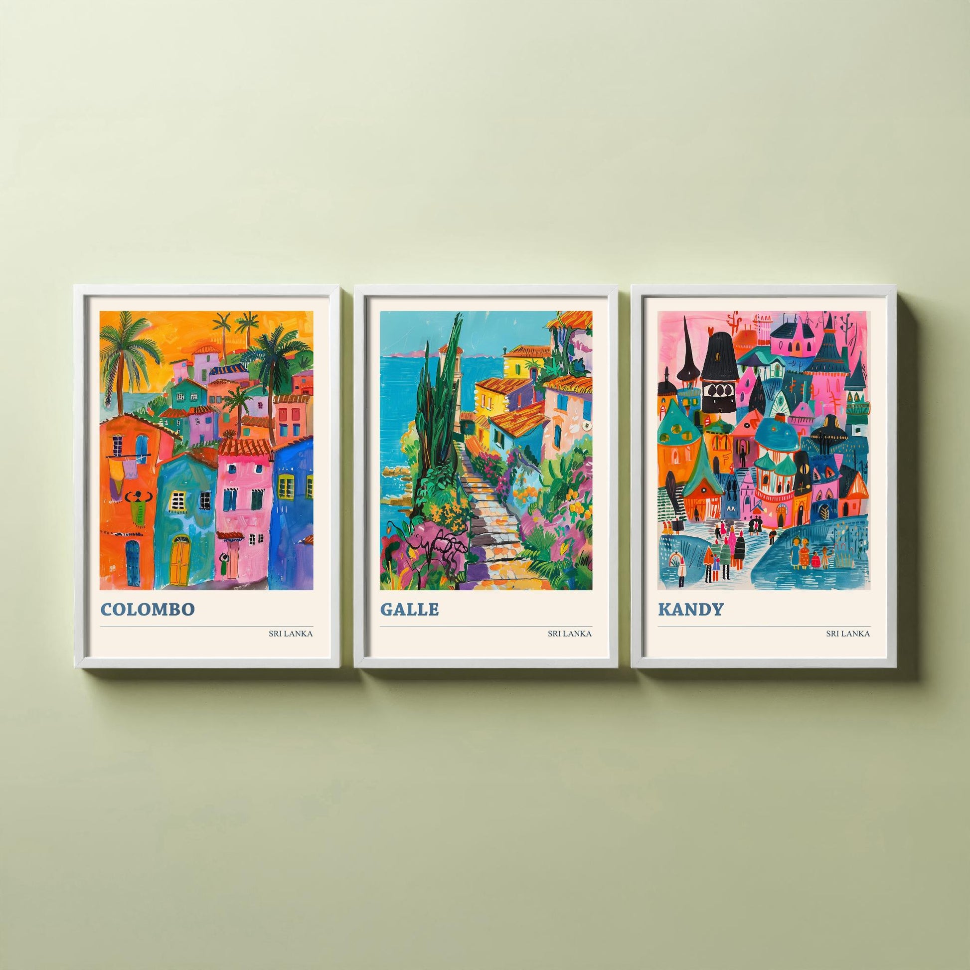 Sri Lanka Set of Three Art Prints - Colombo, Galle, Kandy Travel Posters - Colourful Painting Illustration Gift Map