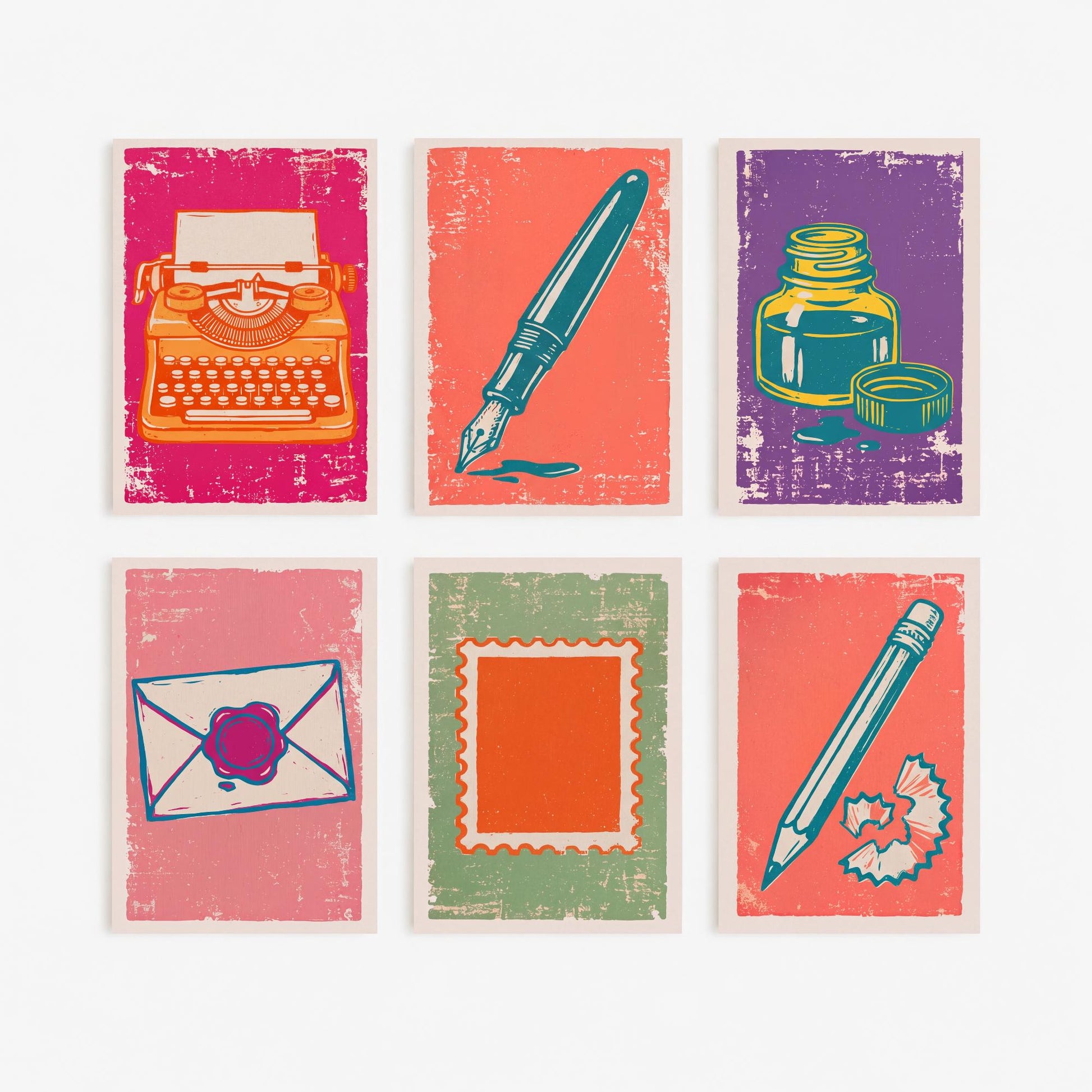 Set of Six Stationery Linocut Art Prints - 6 Writing Illustrations - Typewriter, Fountain Pen, Ink Bottle, Envelope, Stamp, Pencil Posters