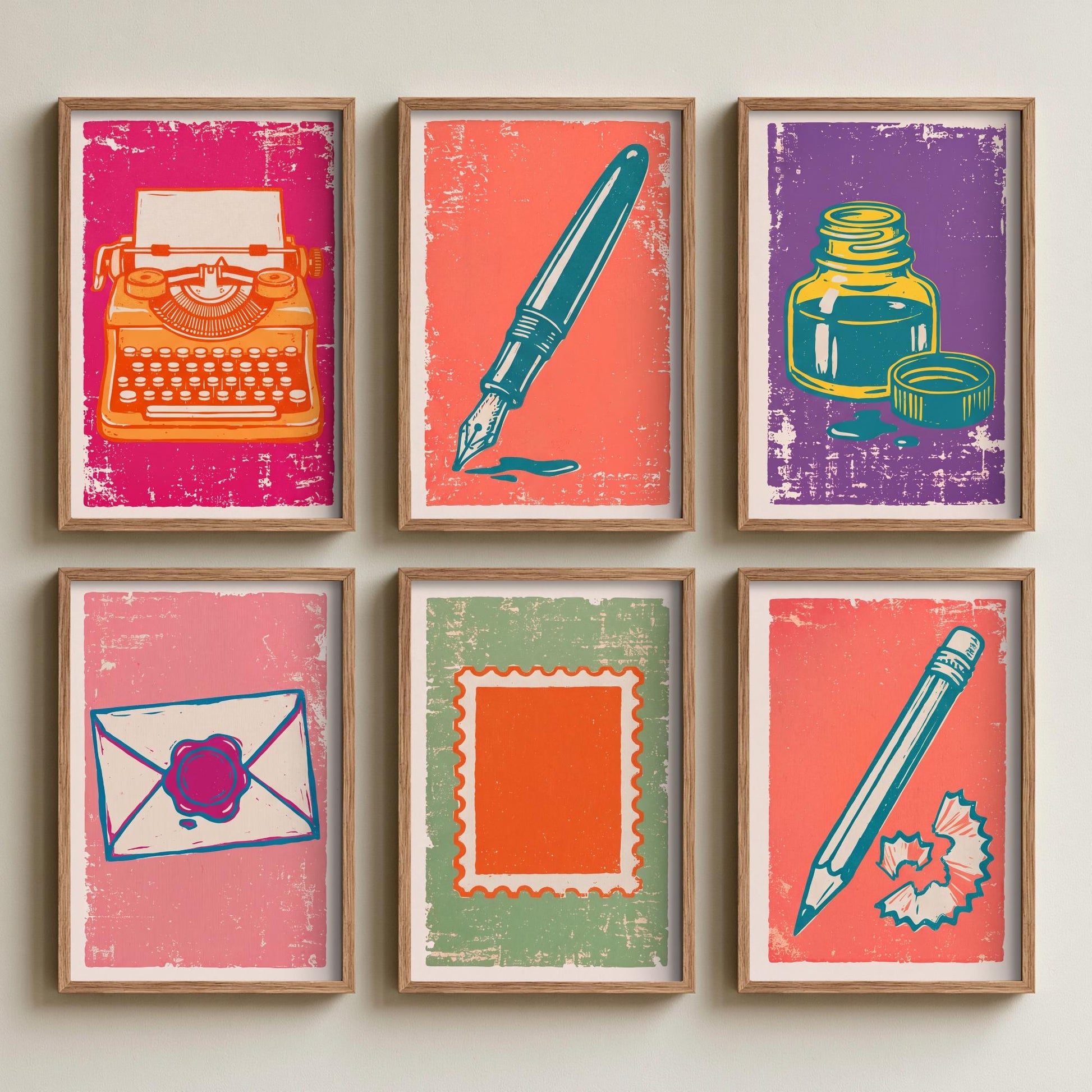 Set of Six Stationery Linocut Art Prints - 6 Writing Illustrations - Typewriter, Fountain Pen, Ink Bottle, Envelope, Stamp, Pencil Posters