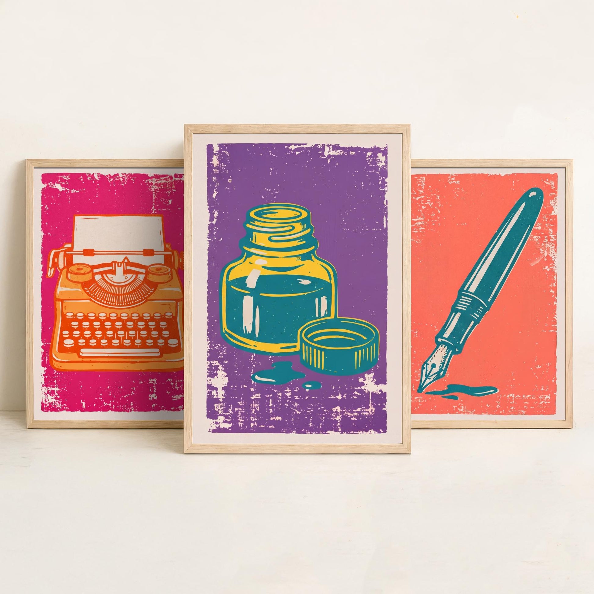 Typewriter, Fountain Pen & Ink Bottle - Set of Three Stationery Art Prints - Linocut Illustrations - Writing Posters V1