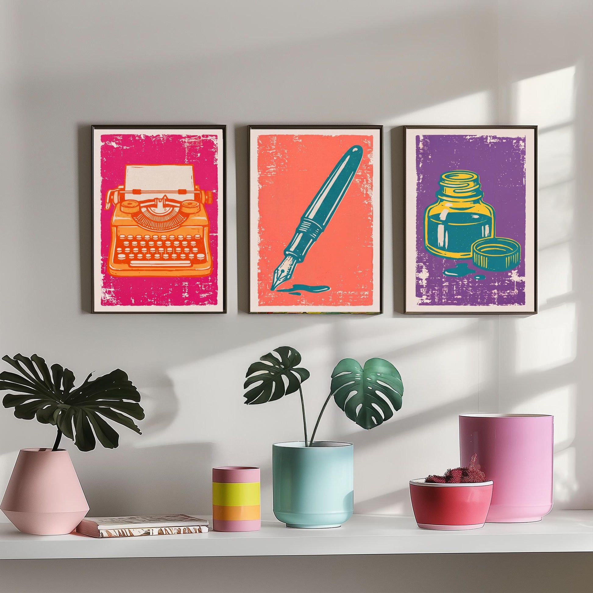 Typewriter, Fountain Pen & Ink Bottle - Set of Three Stationery Art Prints - Linocut Illustrations - Writing Posters V1