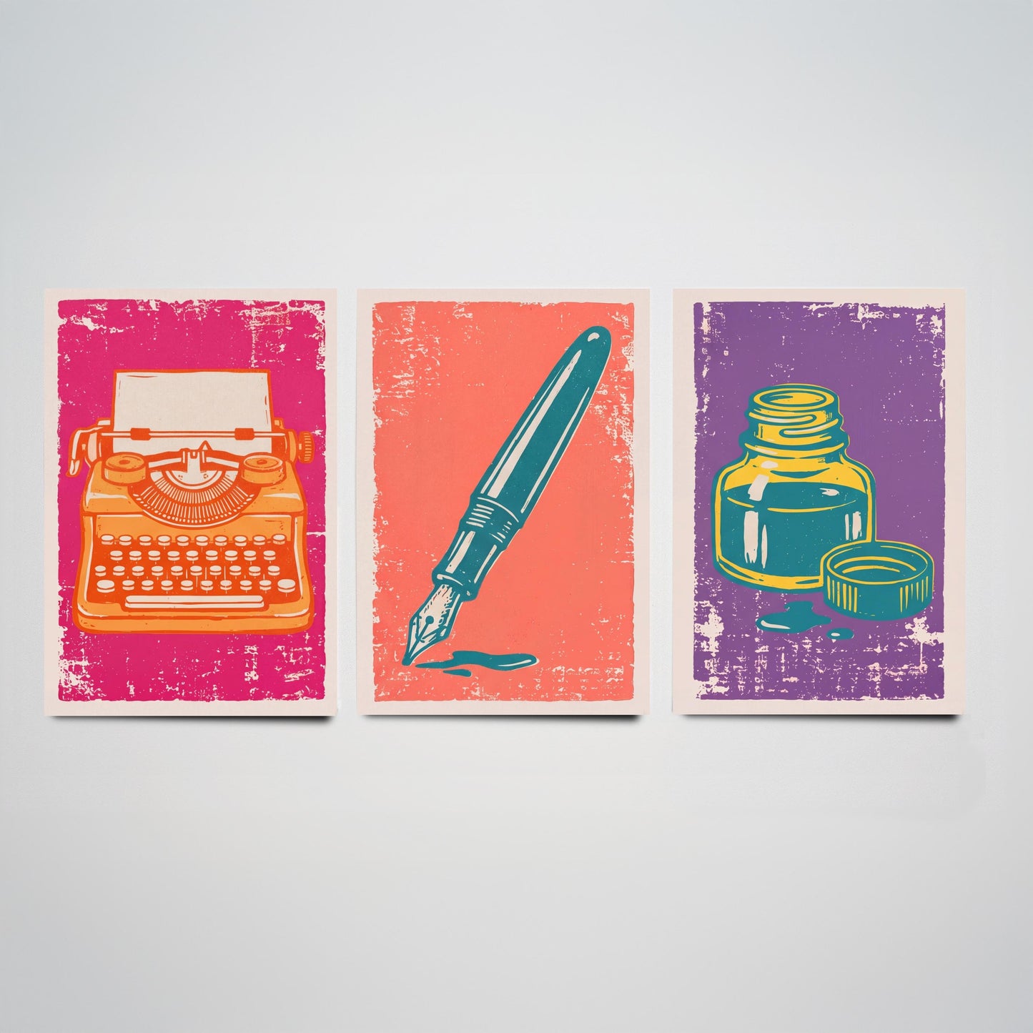 Typewriter, Fountain Pen & Ink Bottle - Set of Three Stationery Art Prints - Linocut Illustrations - Writing Posters V1