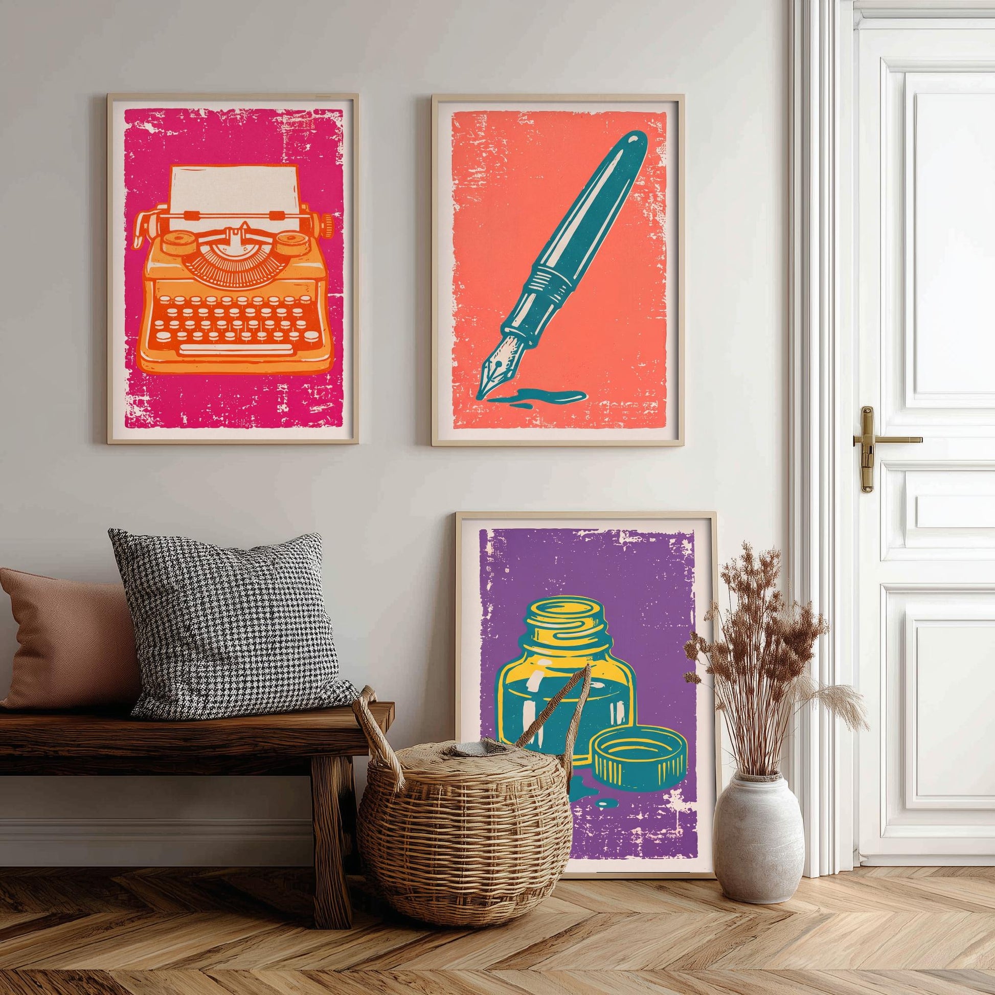 Typewriter, Fountain Pen & Ink Bottle - Set of Three Stationery Art Prints - Linocut Illustrations - Writing Posters V1