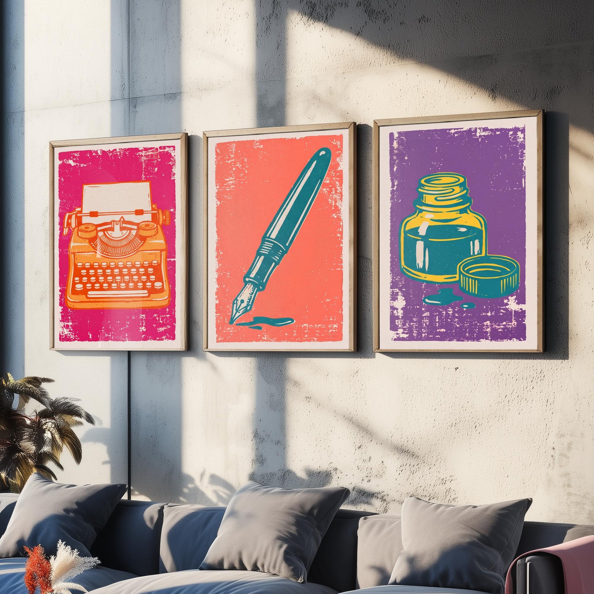 Typewriter, Fountain Pen & Ink Bottle - Set of Three Stationery Art Prints - Linocut Illustrations - Writing Posters V1