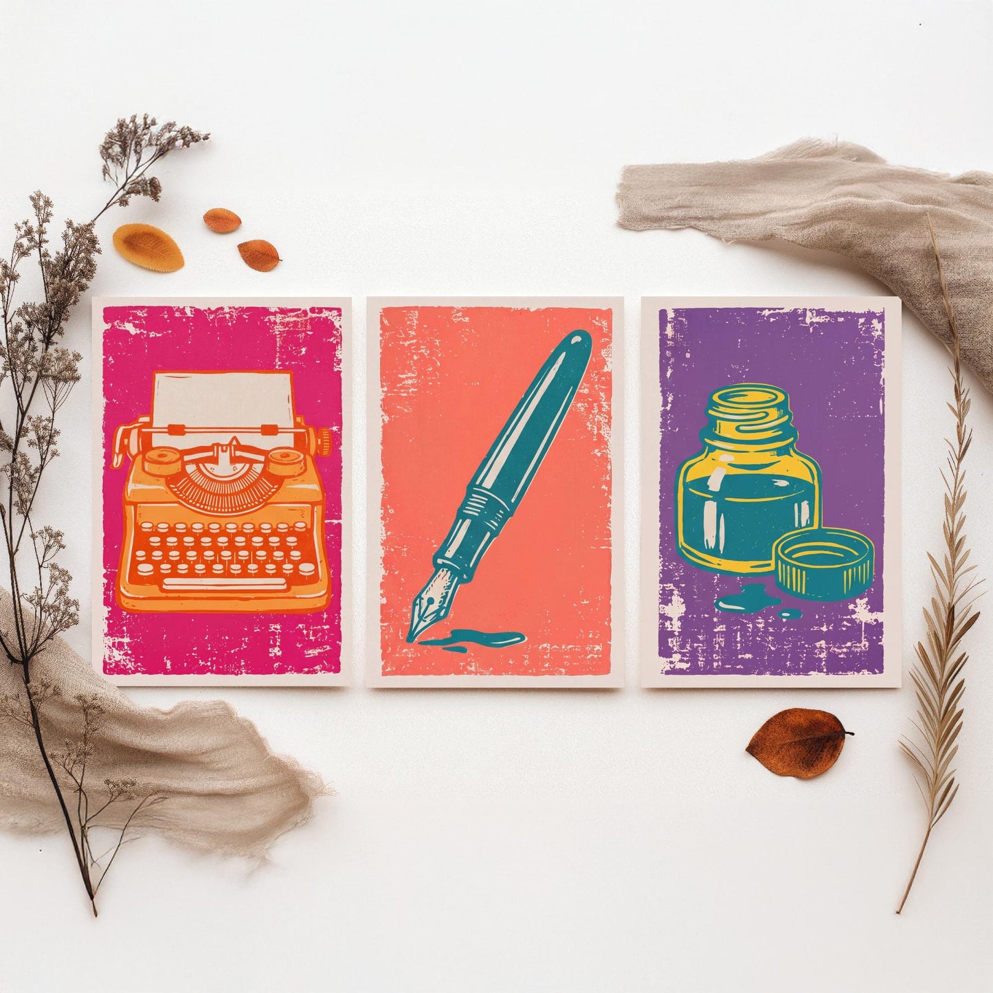 Typewriter, Fountain Pen & Ink Bottle - Set of Three Stationery Art Prints - Linocut Illustrations - Writing Posters V1