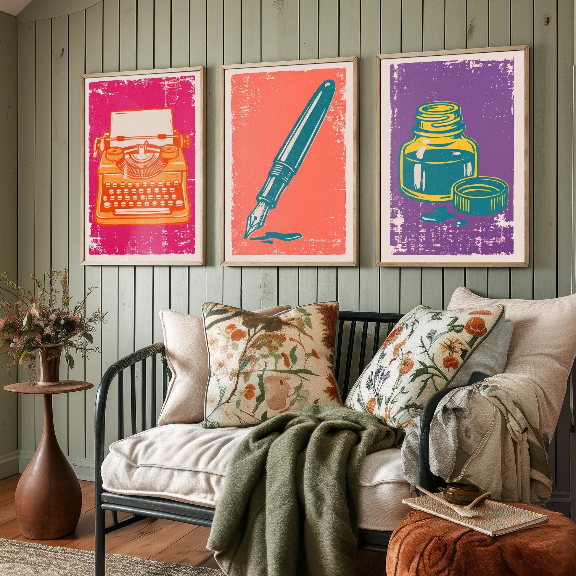 Typewriter, Fountain Pen & Ink Bottle - Set of Three Stationery Art Prints - Linocut Illustrations - Writing Posters V1