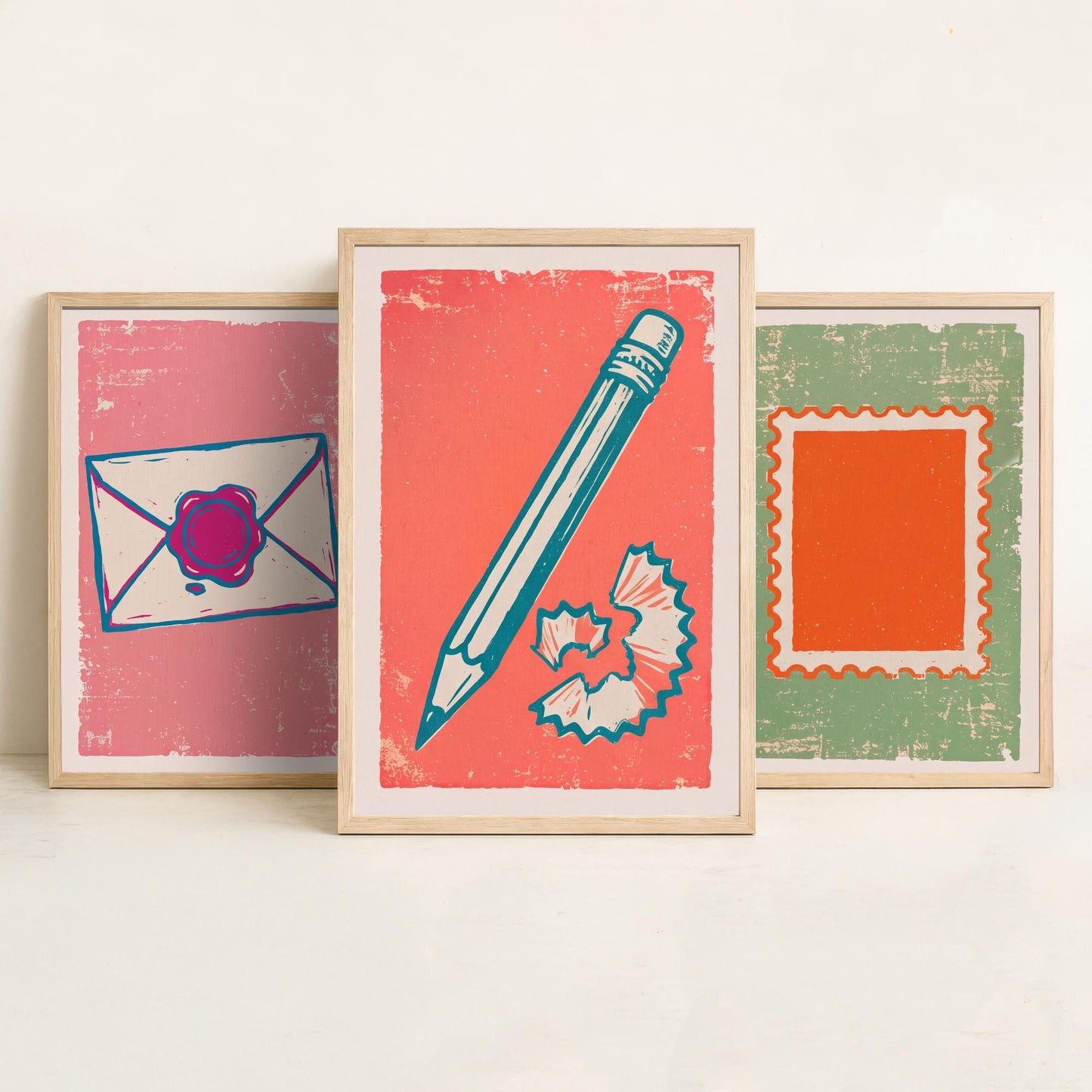 Wax Sealed Envelope, Stamp & Pencil - Set of Three Stationery Art Prints - Linocut Illustrations - Letter Writing Posters V2