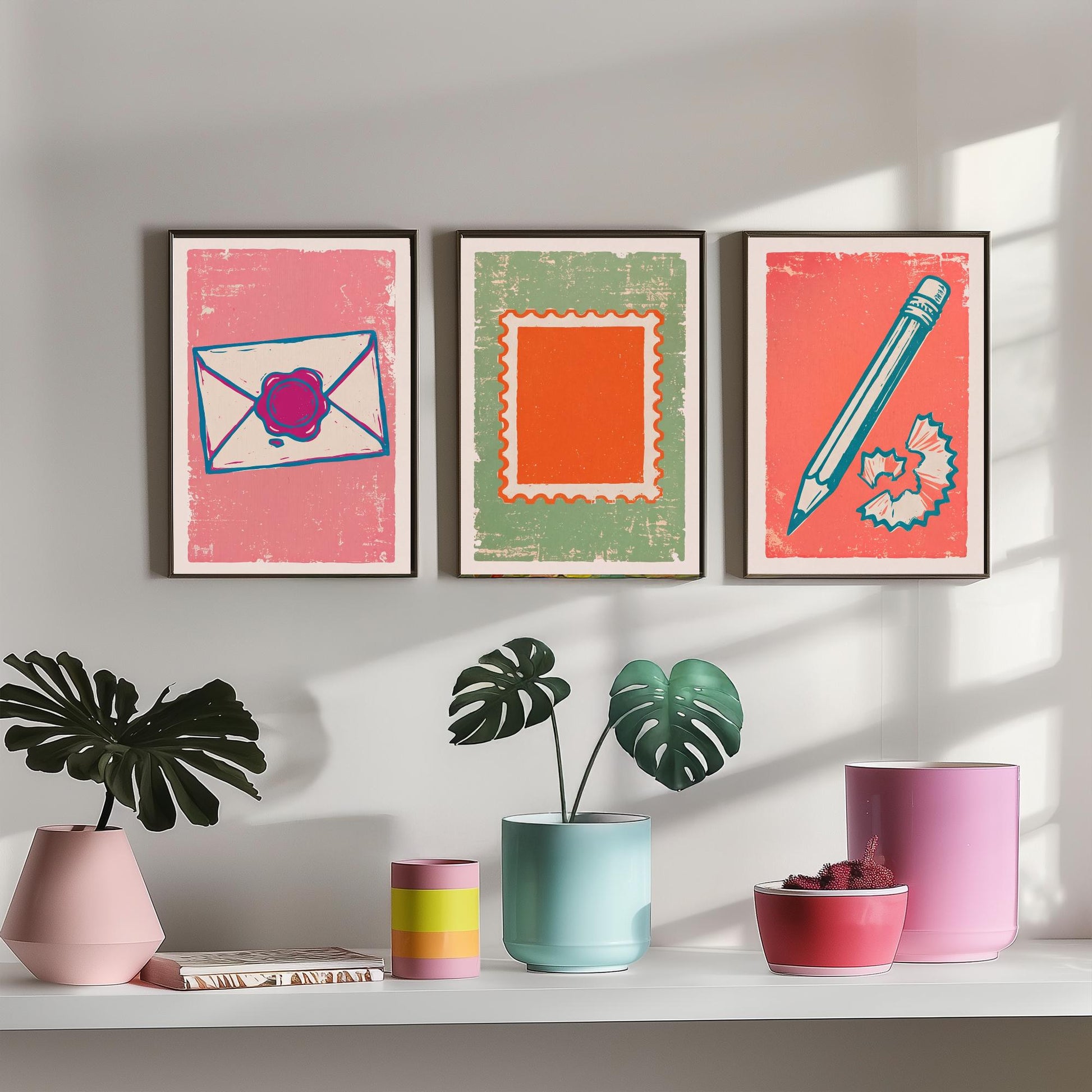 Wax Sealed Envelope, Stamp & Pencil - Set of Three Stationery Art Prints - Linocut Illustrations - Letter Writing Posters V2