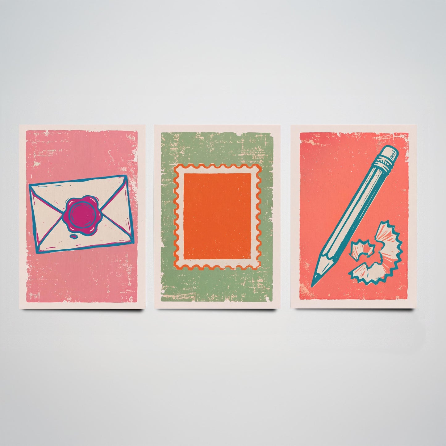 Wax Sealed Envelope, Stamp & Pencil - Set of Three Stationery Art Prints - Linocut Illustrations - Letter Writing Posters V2