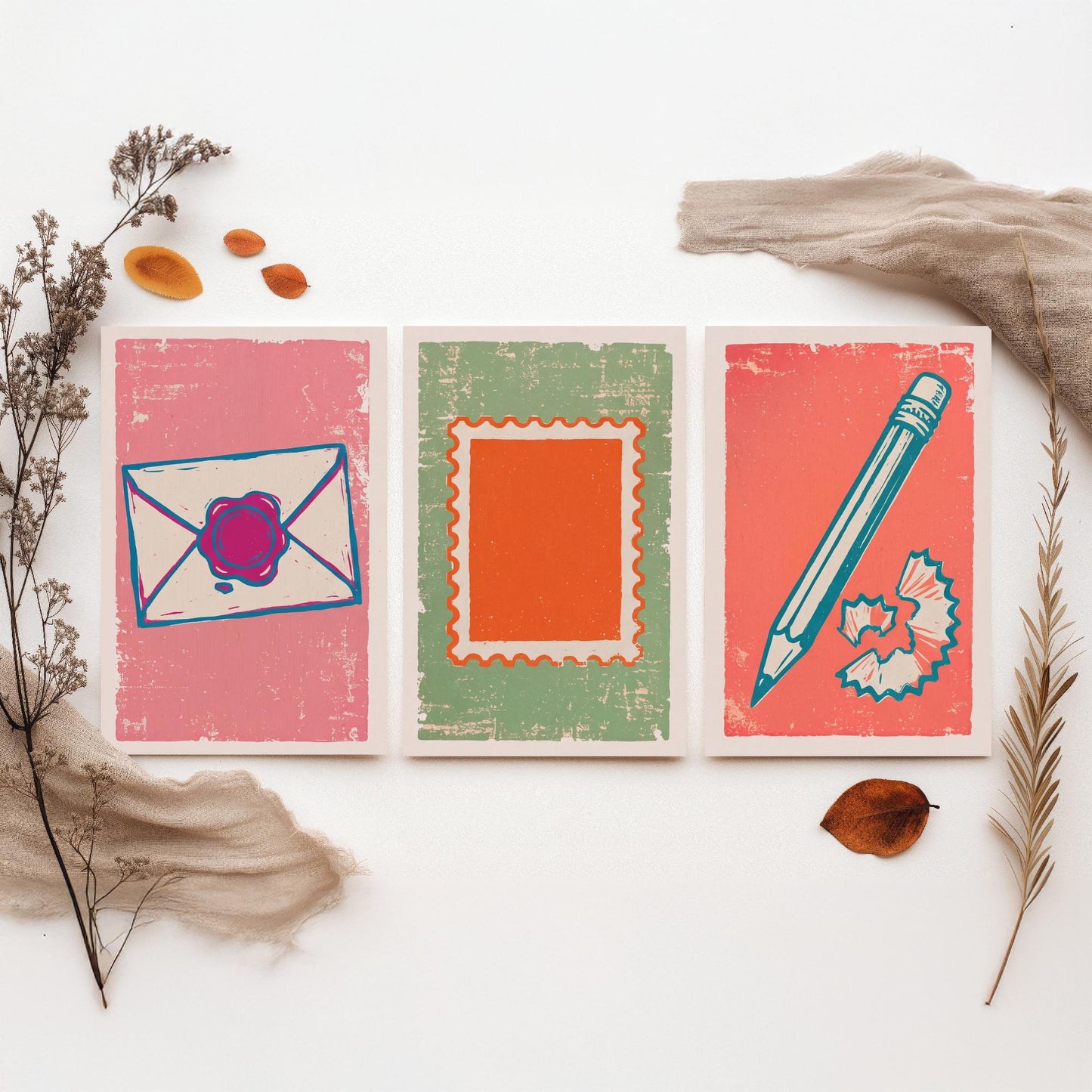 Wax Sealed Envelope, Stamp & Pencil - Set of Three Stationery Art Prints - Linocut Illustrations - Letter Writing Posters V2