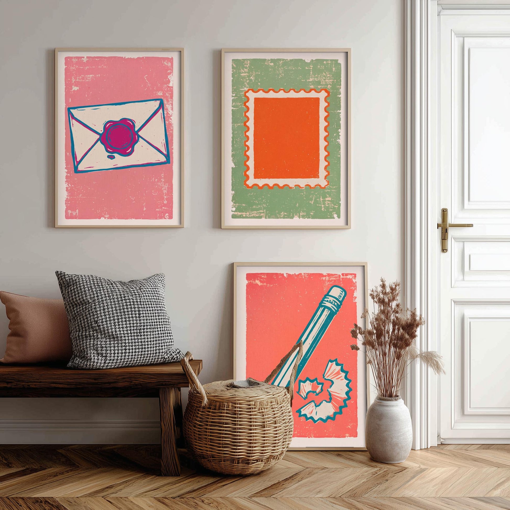 Wax Sealed Envelope, Stamp & Pencil - Set of Three Stationery Art Prints - Linocut Illustrations - Letter Writing Posters V2