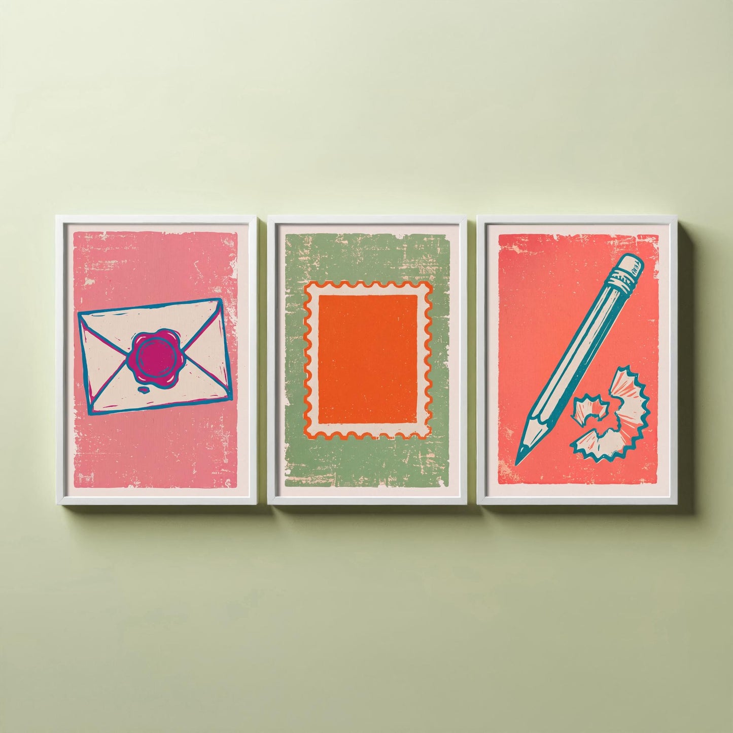 Wax Sealed Envelope, Stamp & Pencil - Set of Three Stationery Art Prints - Linocut Illustrations - Letter Writing Posters V2