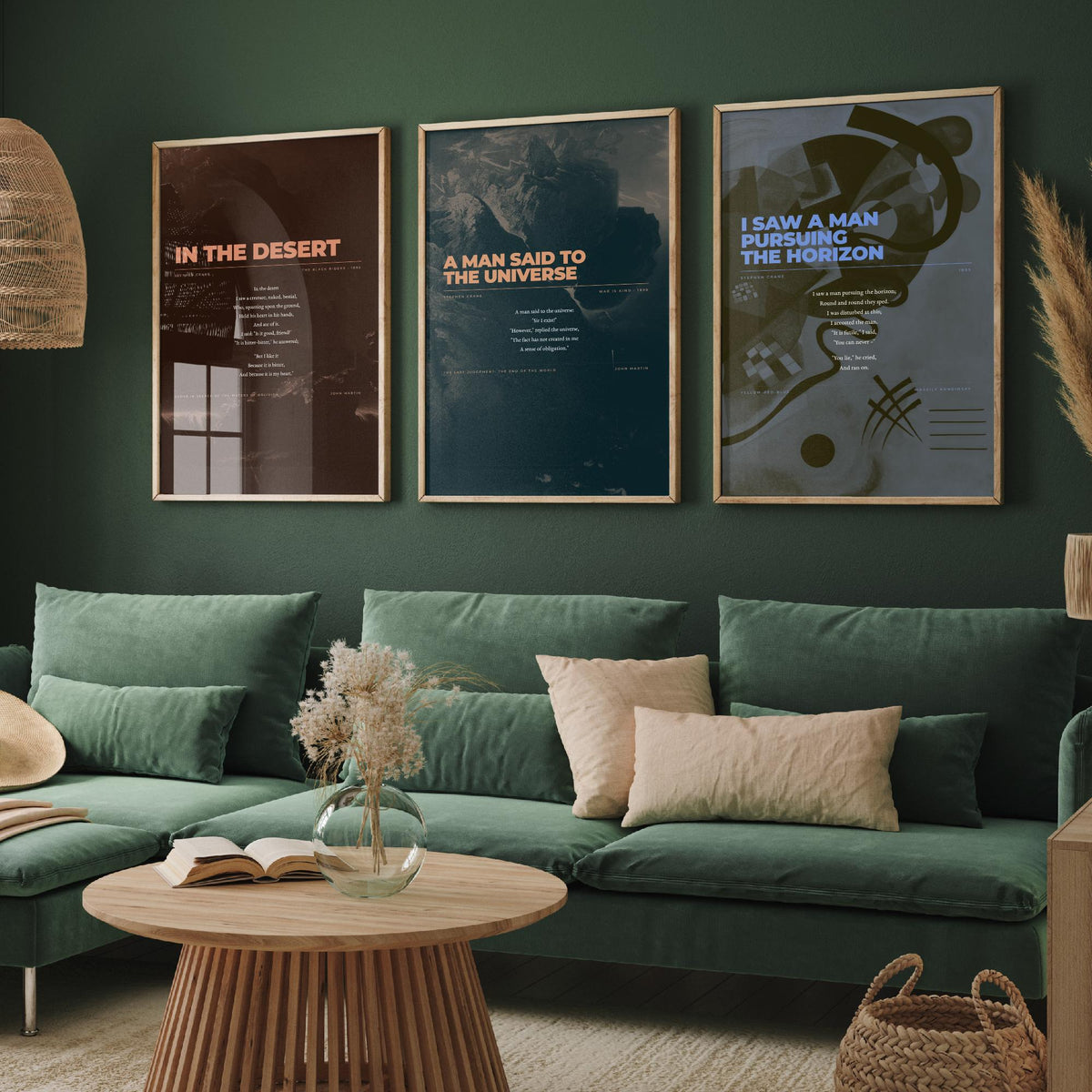 Stephen Crane Set of Three Art Prints - In the Desert, A Man Said to the Universe, Pursuing the Horizon - Full Poems over Paintings Poster