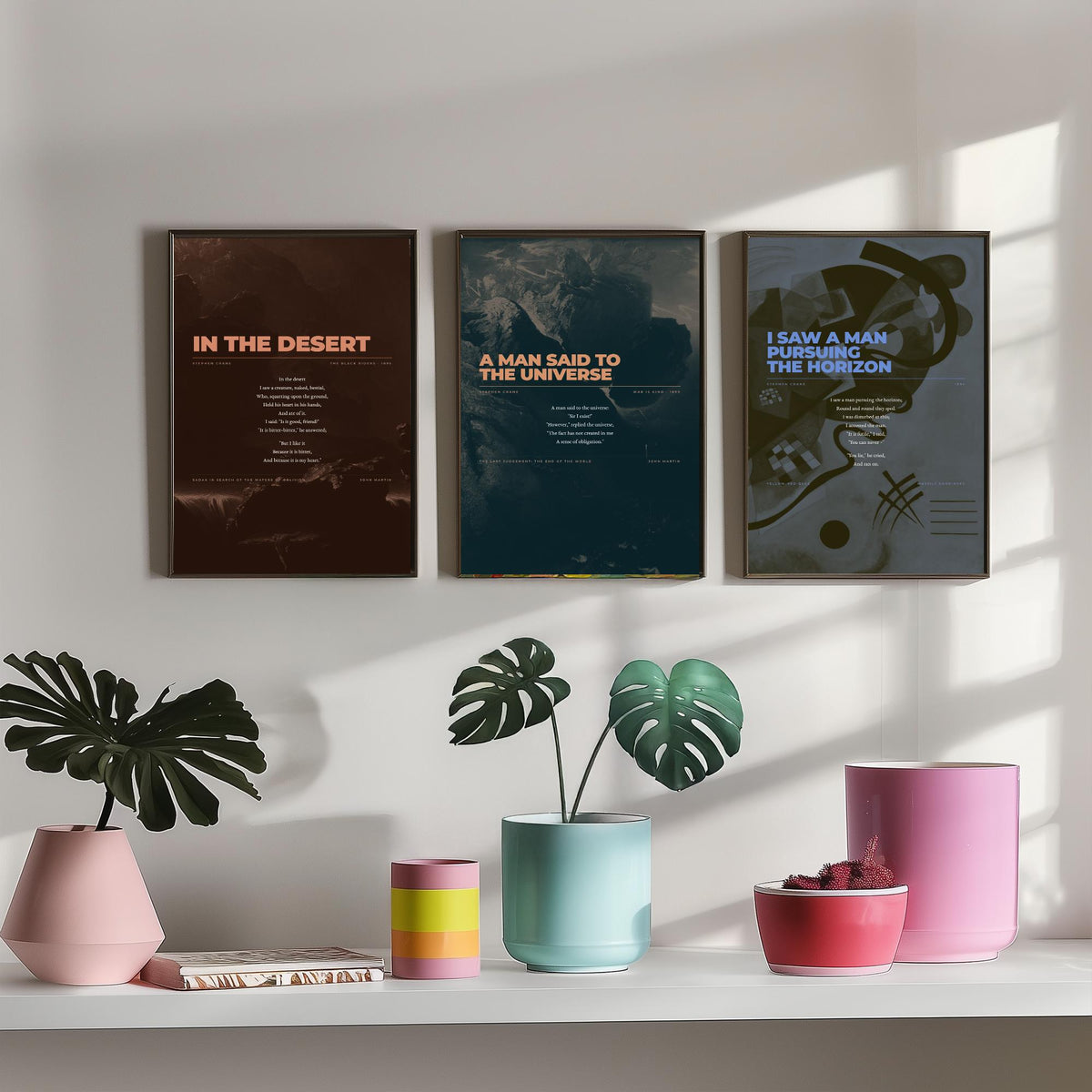 Stephen Crane Set of Three Art Prints - In the Desert, A Man Said to the Universe, Pursuing the Horizon - Full Poems over Paintings Poster