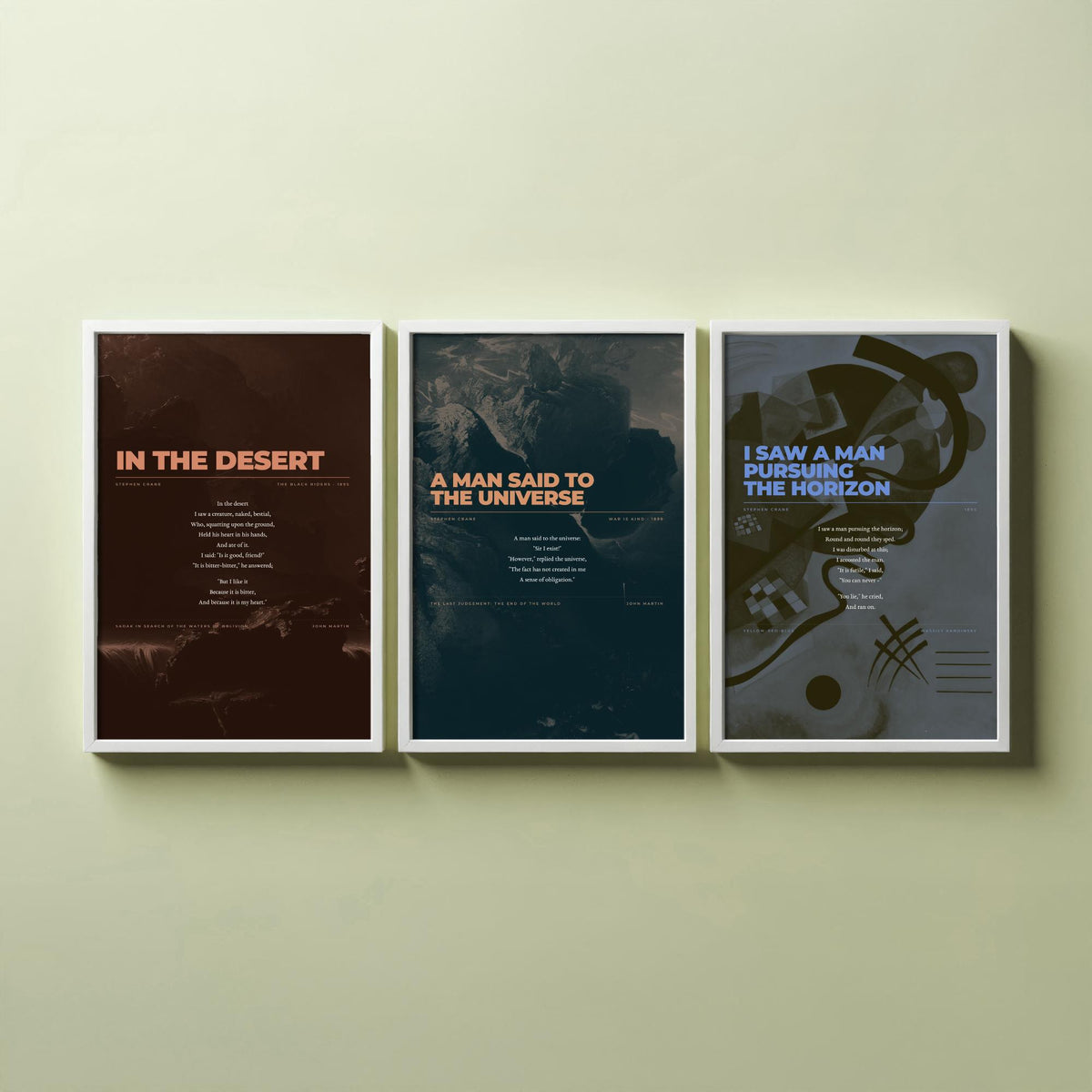 Stephen Crane Set of Three Art Prints - In the Desert, A Man Said to the Universe, Pursuing the Horizon - Full Poems over Paintings Poster