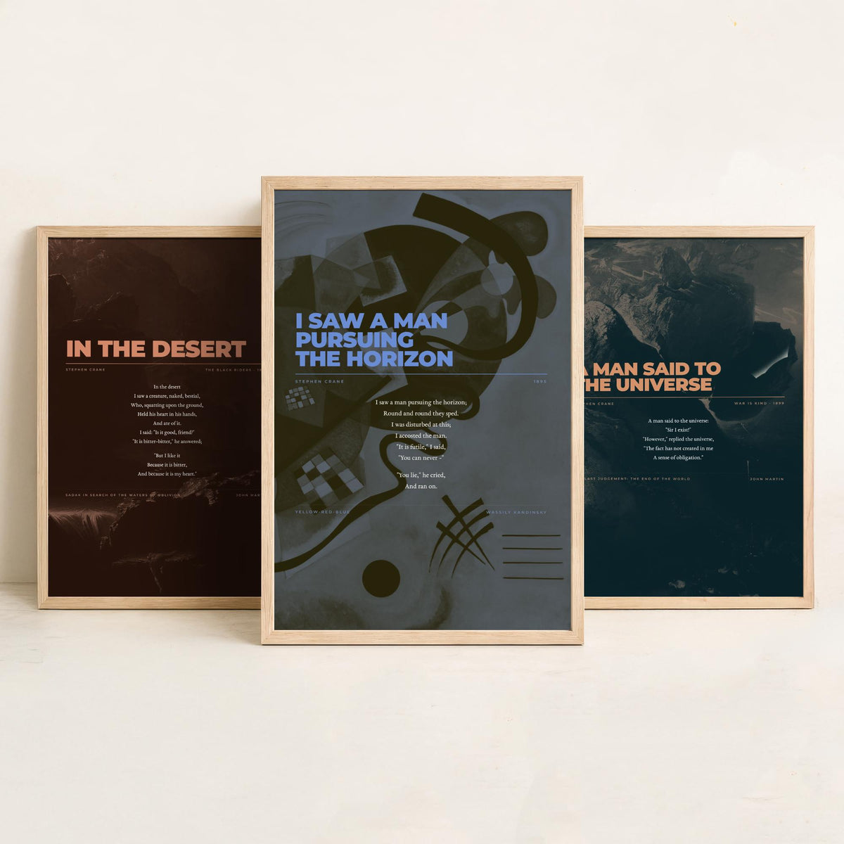 Stephen Crane Set of Three Art Prints - In the Desert, A Man Said to the Universe, Pursuing the Horizon - Full Poems over Paintings Poster