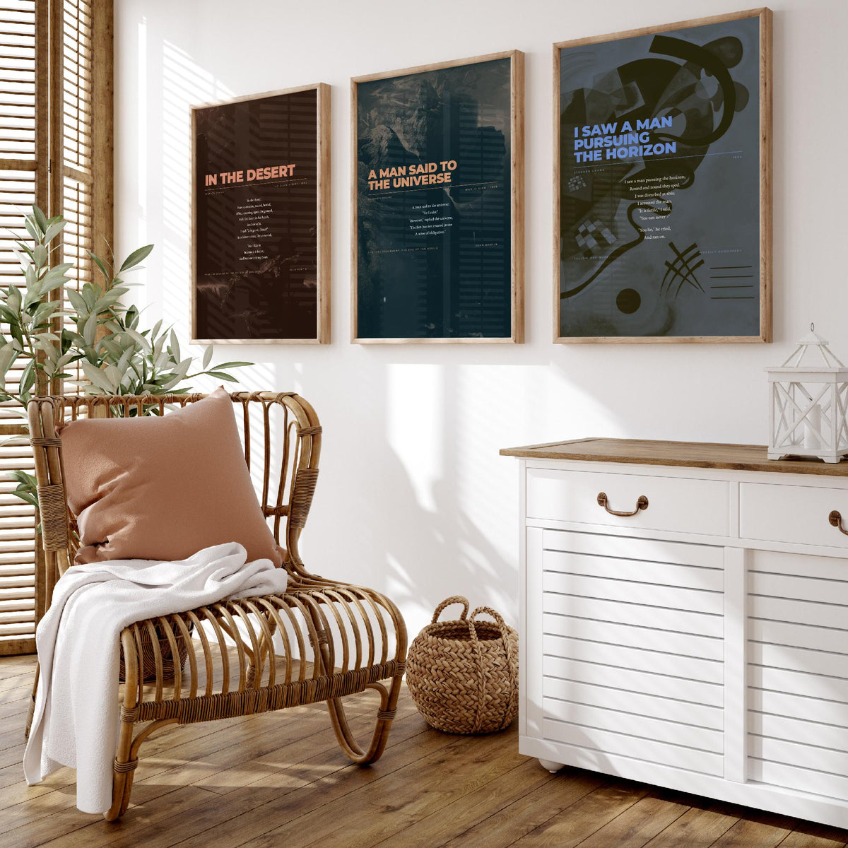 Stephen Crane Set of Three Art Prints - In the Desert, A Man Said to the Universe, Pursuing the Horizon - Full Poems over Paintings Poster