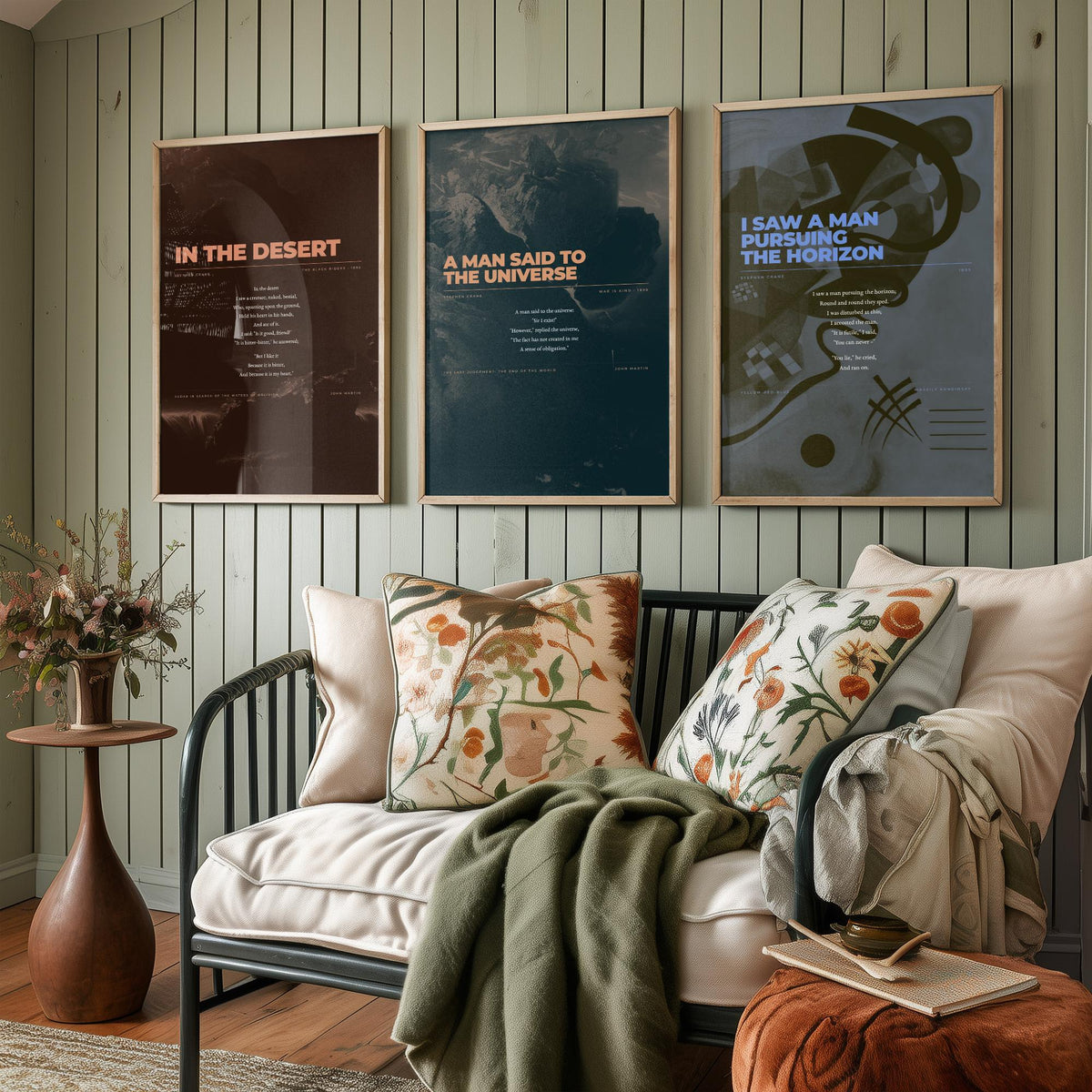 Stephen Crane Set of Three Art Prints - In the Desert, A Man Said to the Universe, Pursuing the Horizon - Full Poems over Paintings Poster