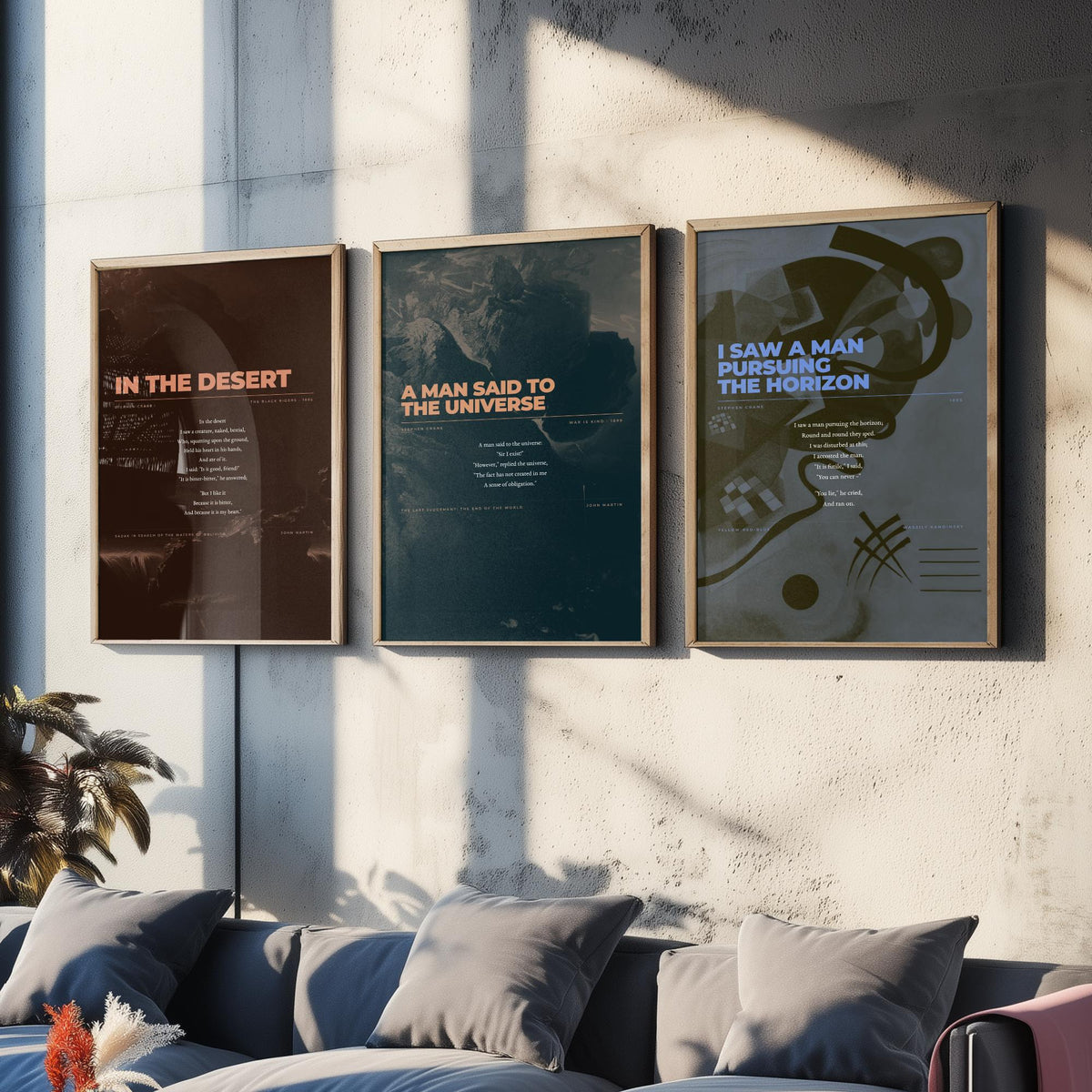 Stephen Crane Set of Three Art Prints - In the Desert, A Man Said to the Universe, Pursuing the Horizon - Full Poems over Paintings Poster